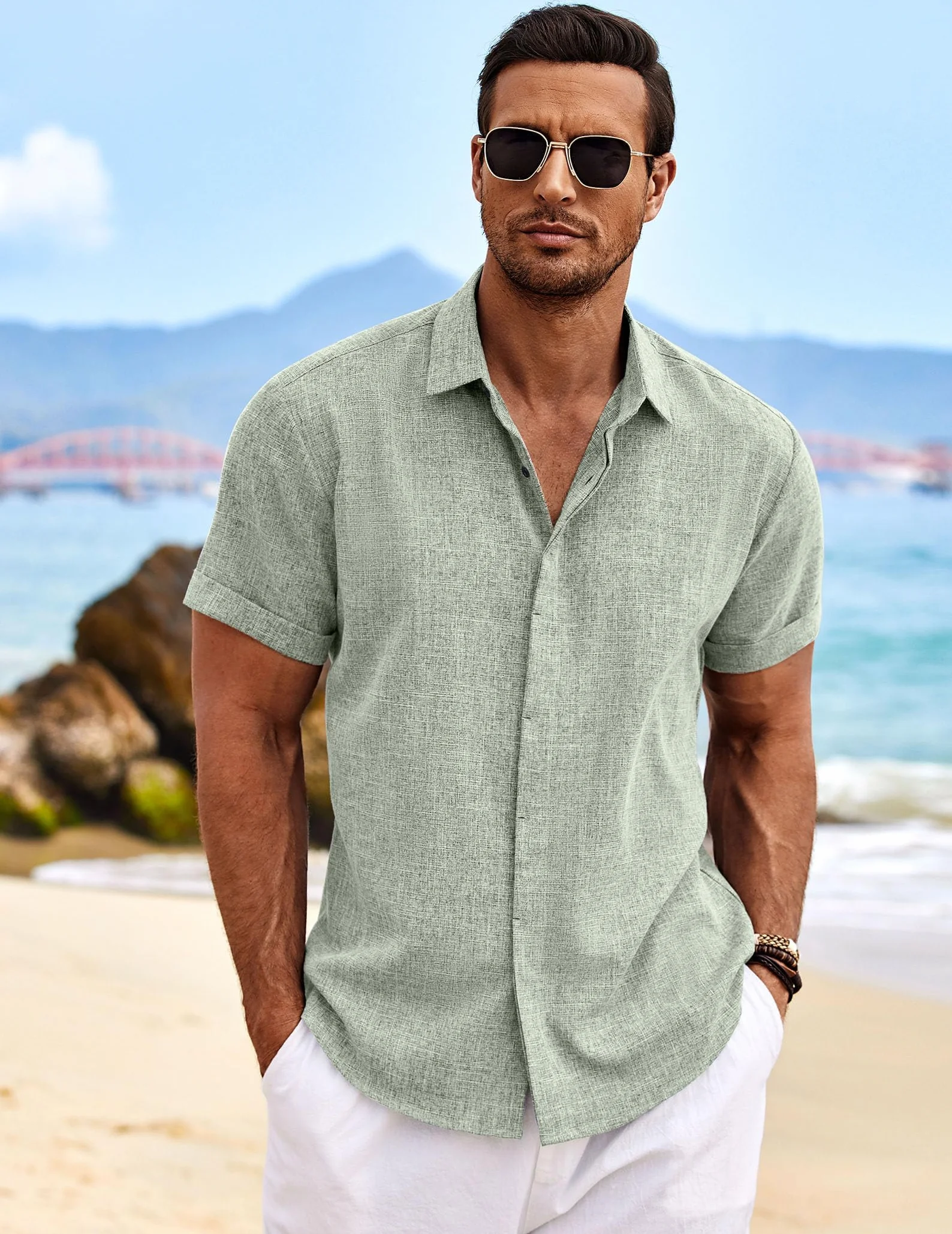 COOFANDY Camisa de Lino para Hombre Manga Corta con Botones Camisa Informal Ajuste Regular Playa Verano
