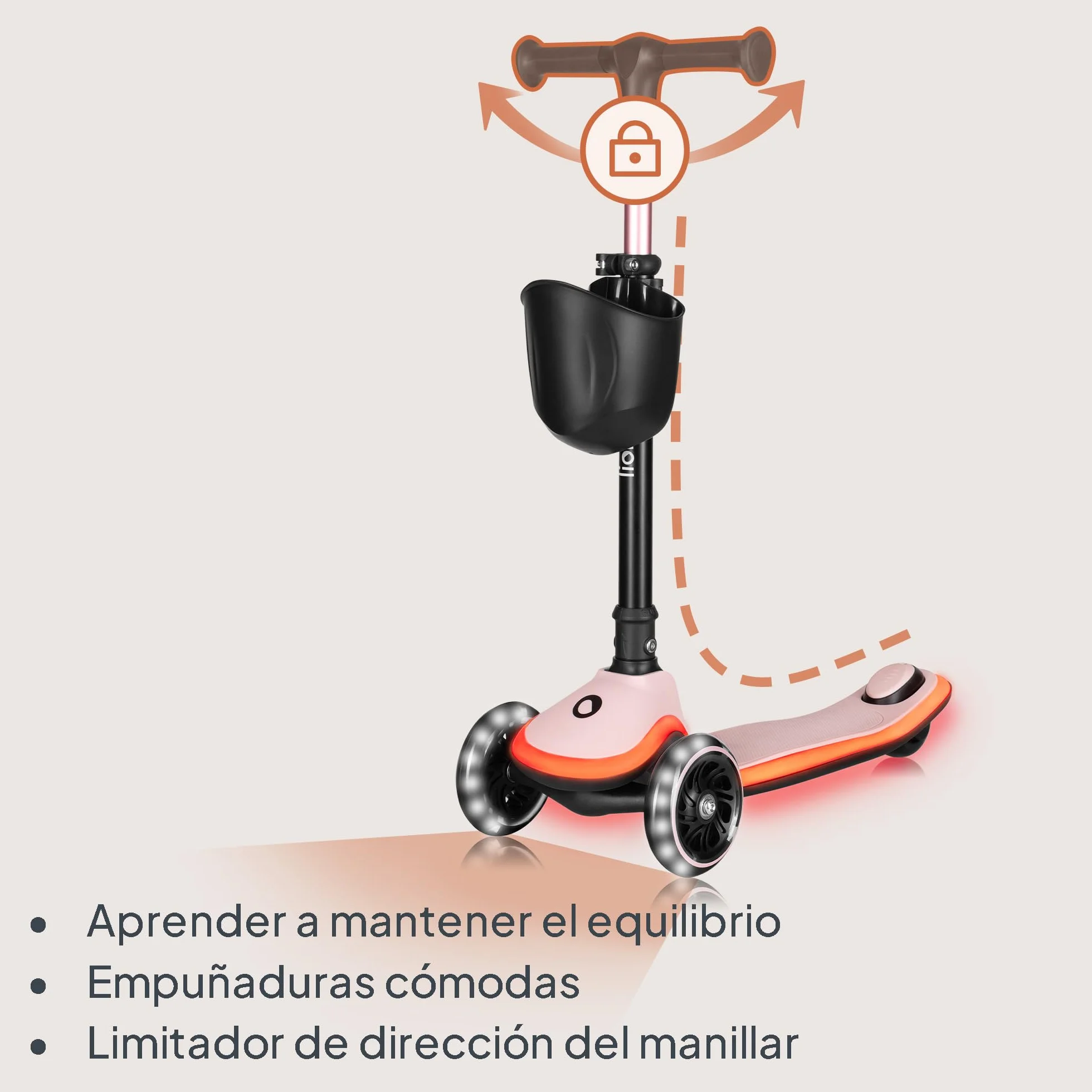 LIONELO MEY Patinete de Equilibrio para Niños Desde 3 años hasta 50 kg, Scooter Infantil Patinete de 3 Ruedas con Ajuste de Altura, Plataforma Antideslizante Iluminada y Ruedas LED, Cesta