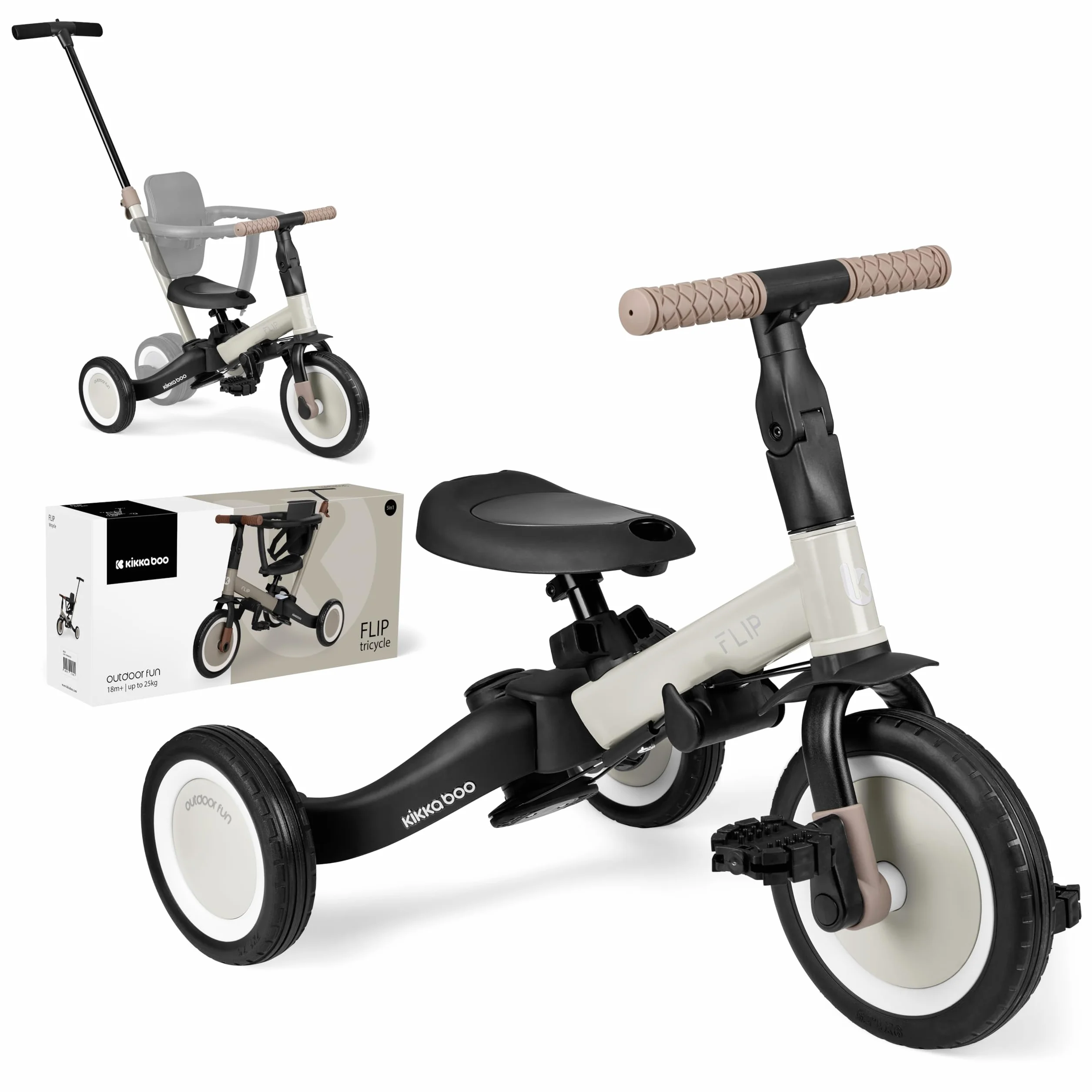 KikkaBoo FLIP, Triciclo Evolutivo de Bebé 5 en 1, Bicicleta con o sin Pedales, Ajustable y Transformable, Beige, Desde 1 Año Hasta 5 Años