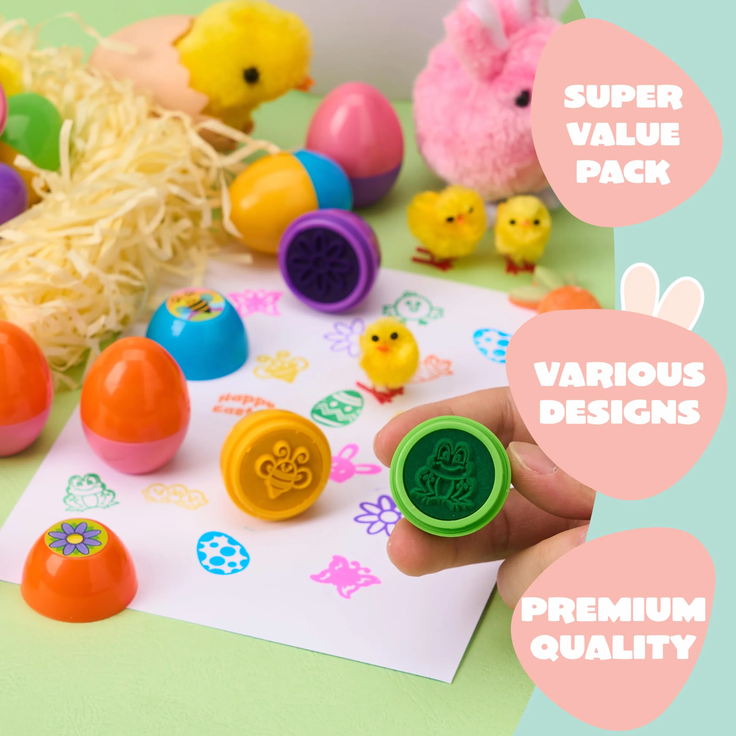 JOYIN 24 sellos de huevos de Pascua, grandes juguetes de Pascua para juegos de caza de huevos de Pascua, fiesta temática de Pascua, cosas de huevos de Pascua, rellenos de cestas de Pascua