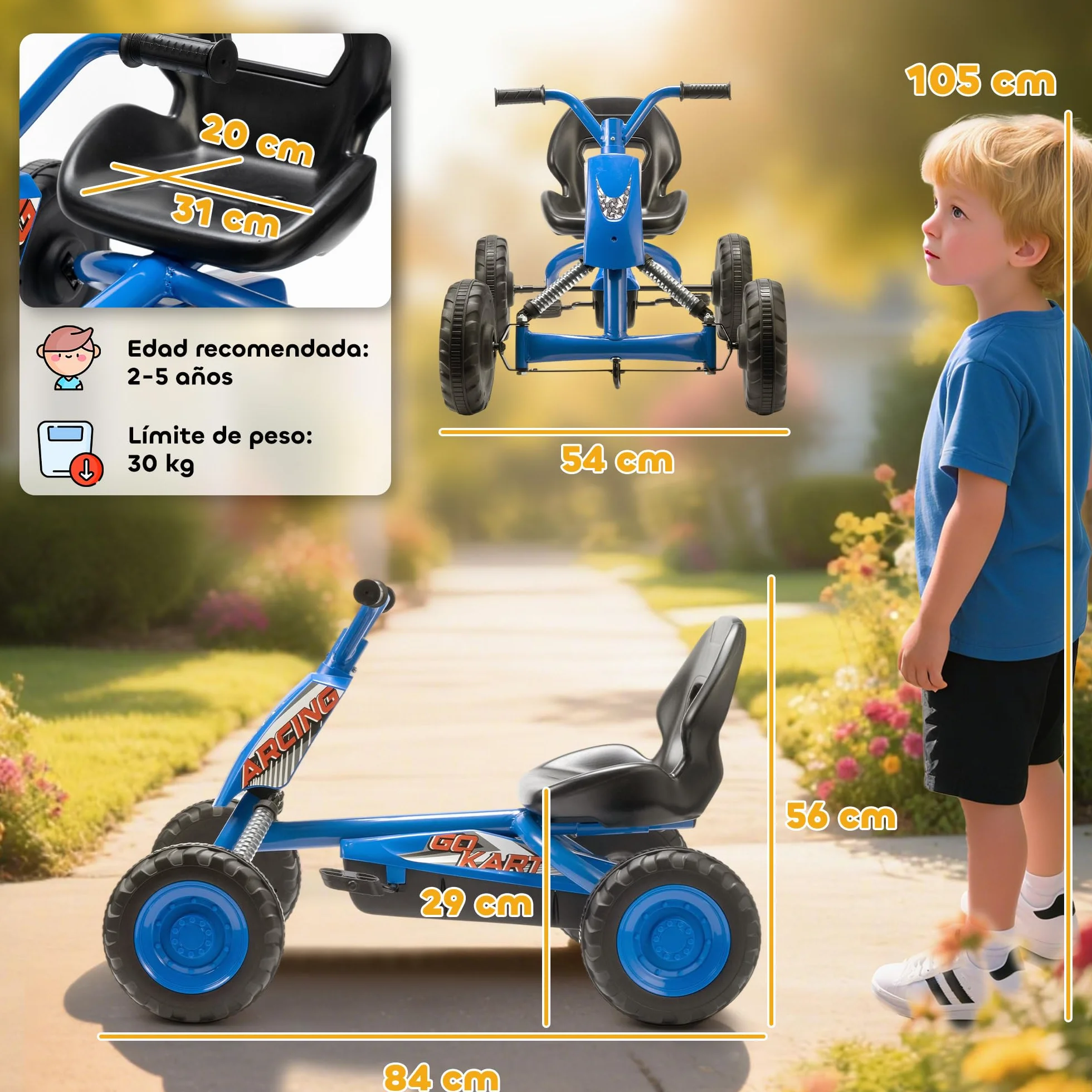 AIYAPLAY Kart Pedales, Go Kart con Ruedas PP, Marco de Acero, Carga 30 kg, para Niños y Niñas de 2-5 Años, Azul