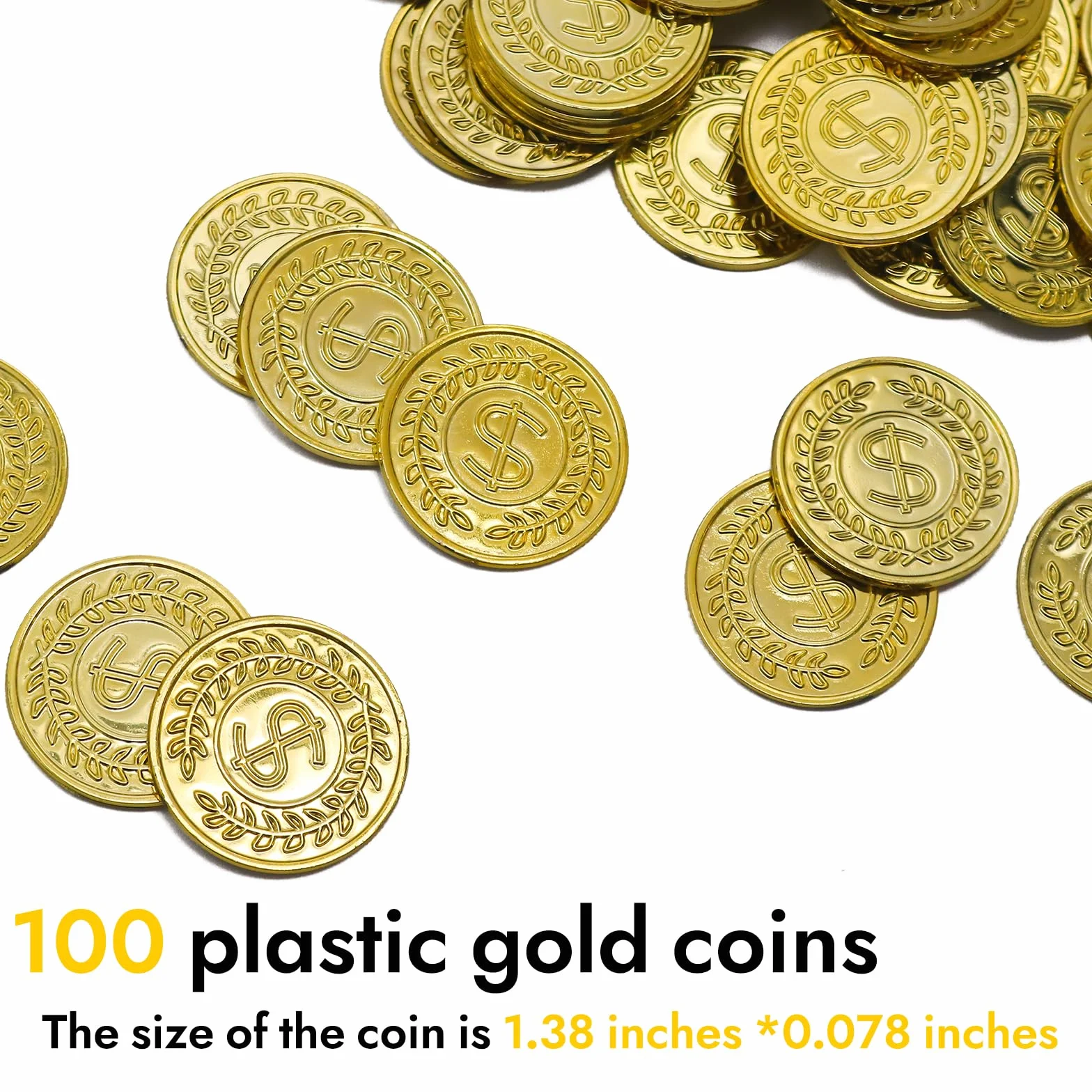 soitzhoc 100 piezas monedas de plastico，dinero de juguete，monedas de oro falsas,monedas juguete，monedas de oro de juguete para la caza del tesoro y los regalos de fiestas