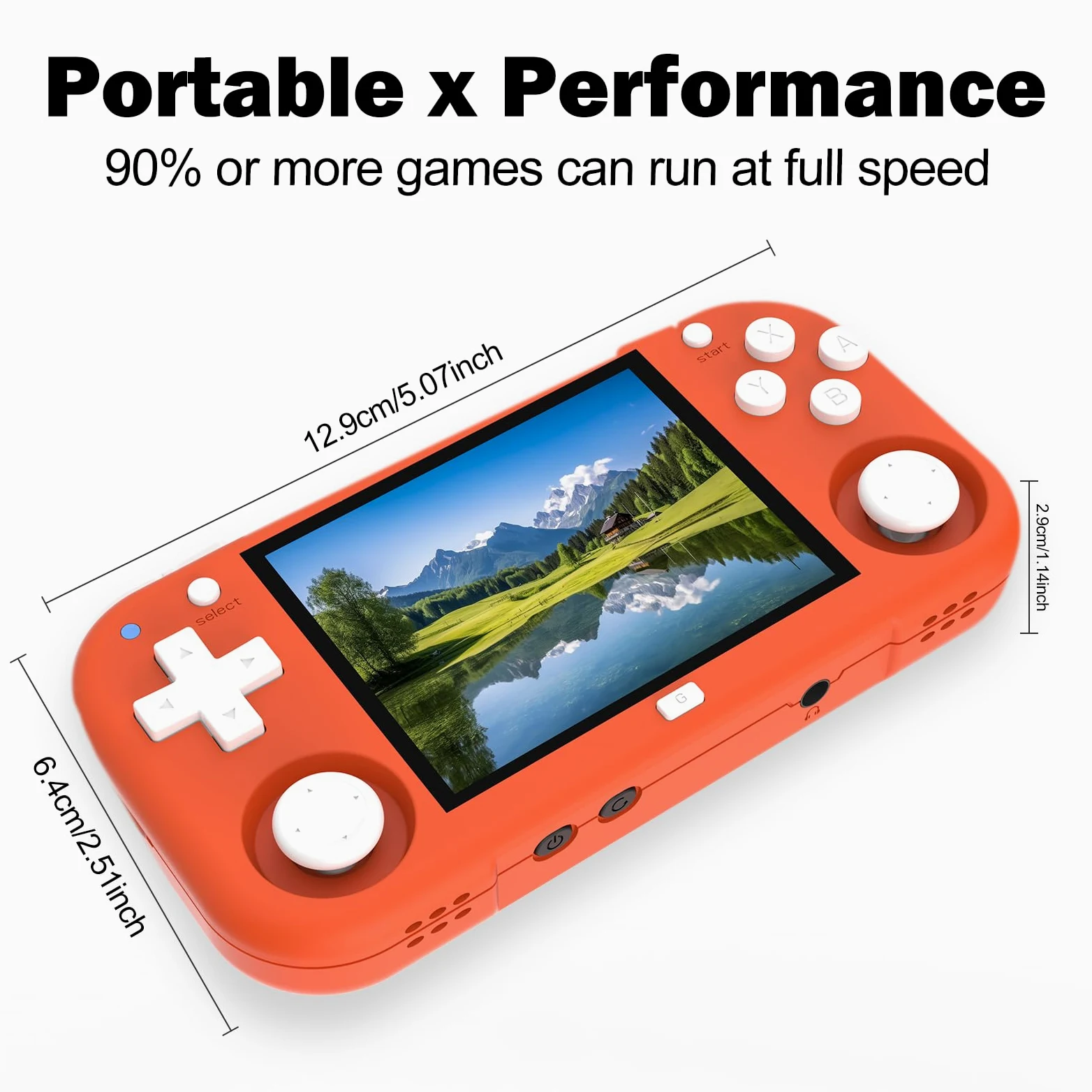 XU Mini M - Consolas de juegos de mano retro, pantalla IPS de 2.8 pulgadas, tarjeta TF de 64 G integrada, con batería de 2600 mAh, duración de 6 horas, color naranja