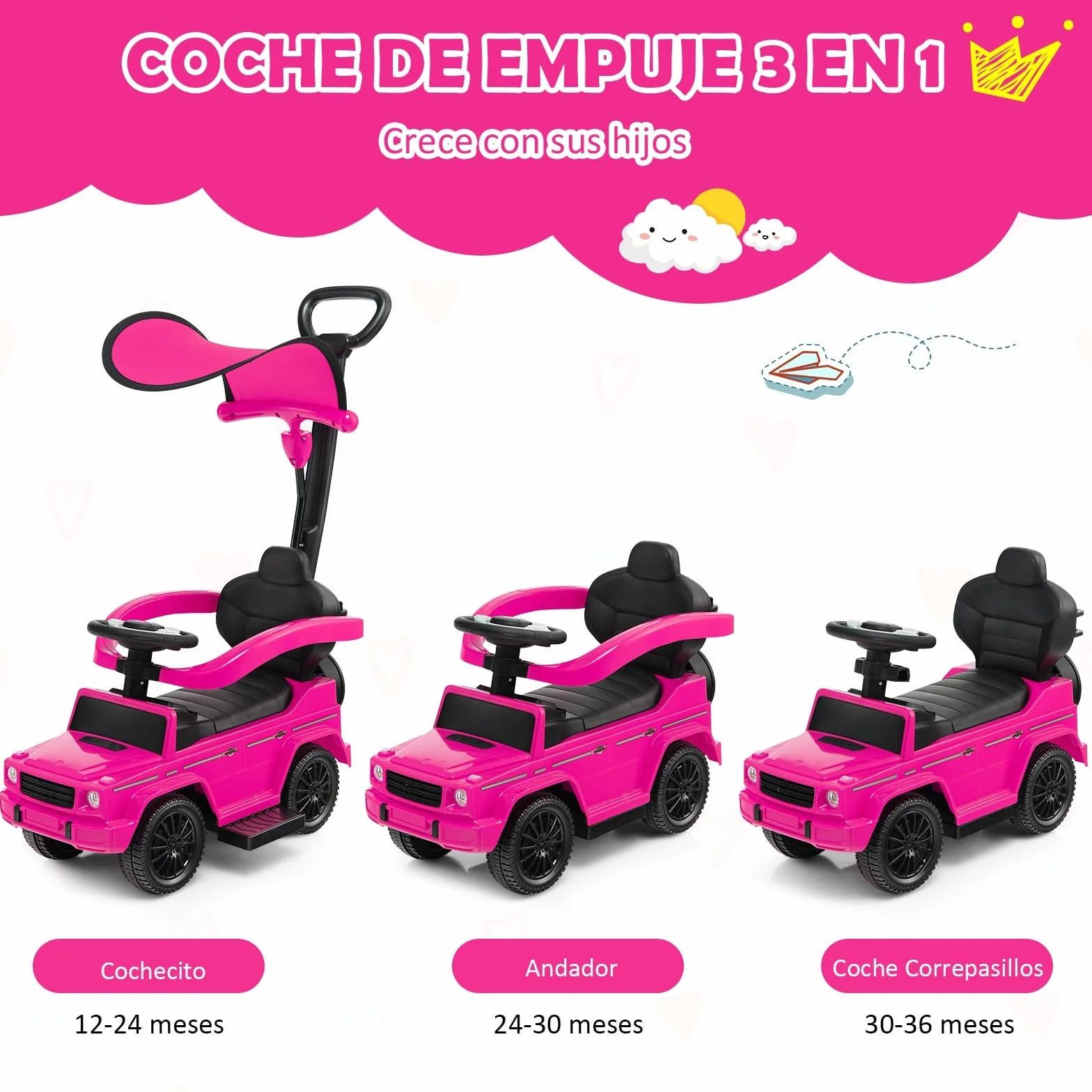COSTWAY 3 en 1 Coche Correpasillos para Niños, Coche de Paseo Infantil Mercedes Benz con Toldo Ajustable, Manija para Padres, Barandilla para Apoyabrazos, Sonido del Motor y Bocina (Rosa)