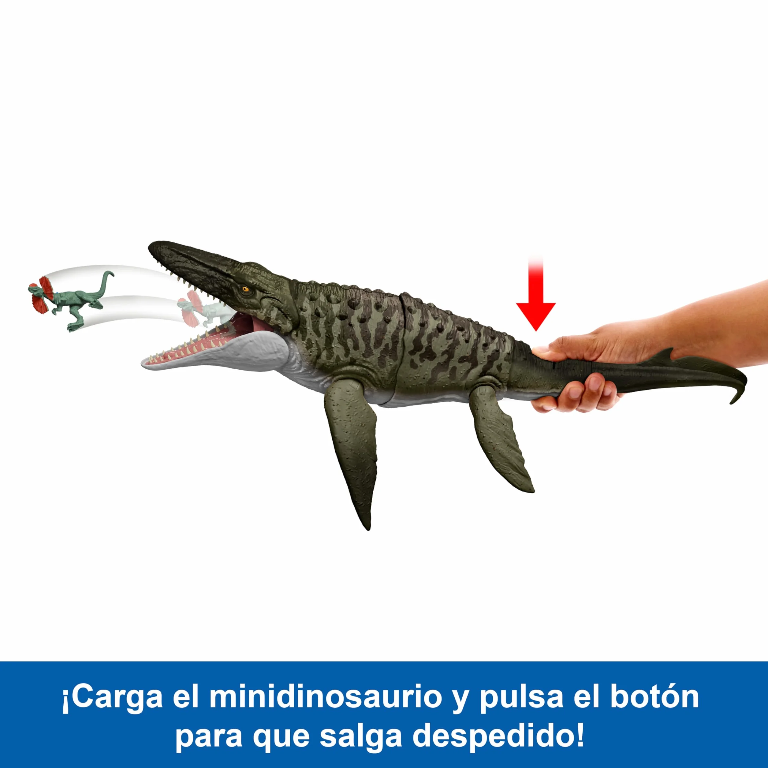 Mattel Jurassic World: El Renacer Mosasaurio Mordedor y minifigura de Dilofosaurio, figura articulada de dinosaurio JJP80