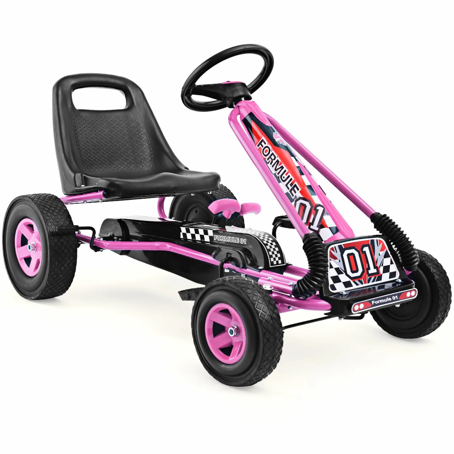 GOPLUS Kart con Pedal Infantil, Asiento Ajustable, Avanzar y Retroceder, con Embrague y Freno, Pedales Antideslizantes, 4 Ruedas, Bicicletas y Vehículos para Niños de 3-8 Años (Rosa)