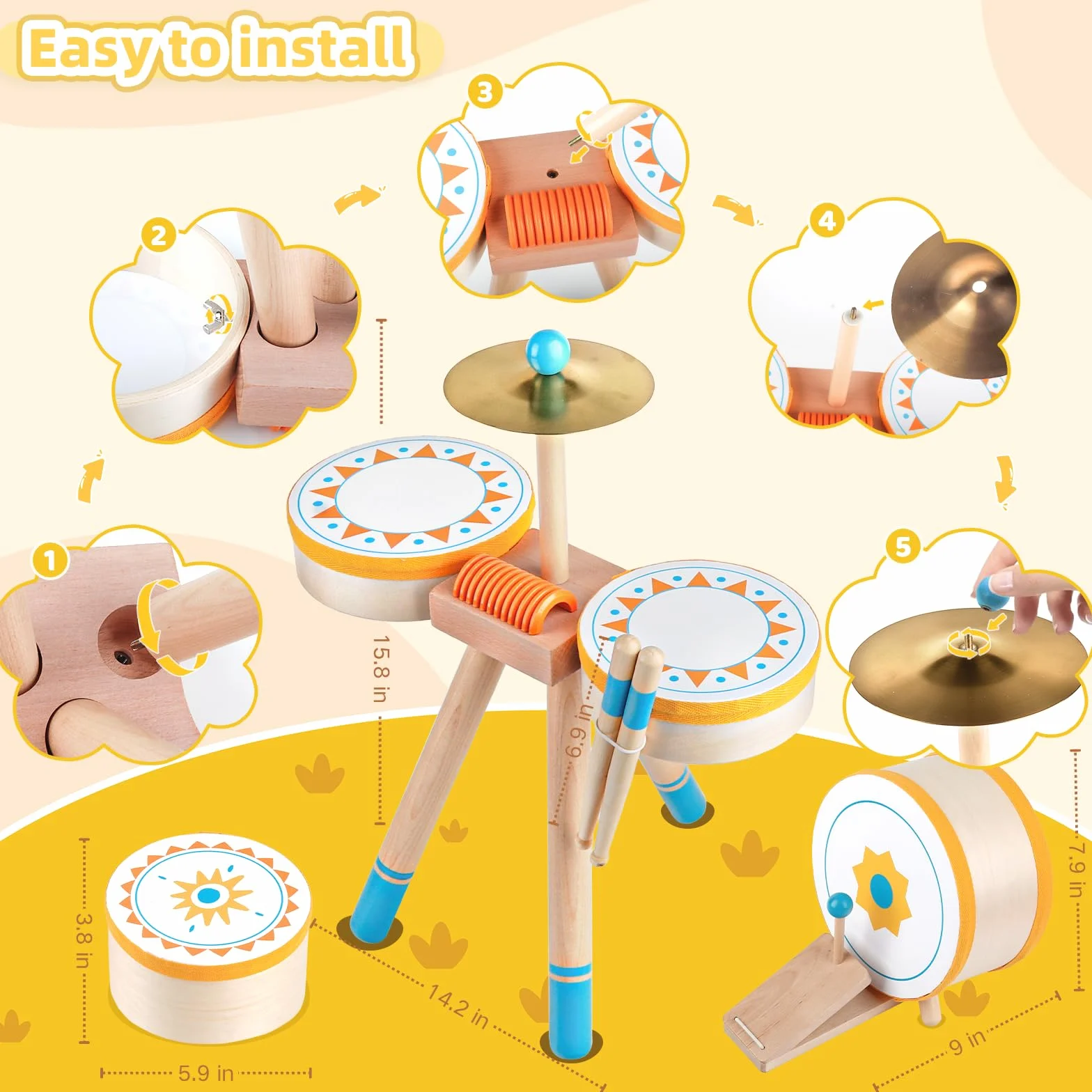 Tambor Montessori para Bebés de 1+ Año | Set de Tambores Educativo de Madera para Niños Pequeños 1-3 Años | Instrumentos Musicales para Bebés, el Regalo Cumpleaños/Navidad para Niños y Niñas