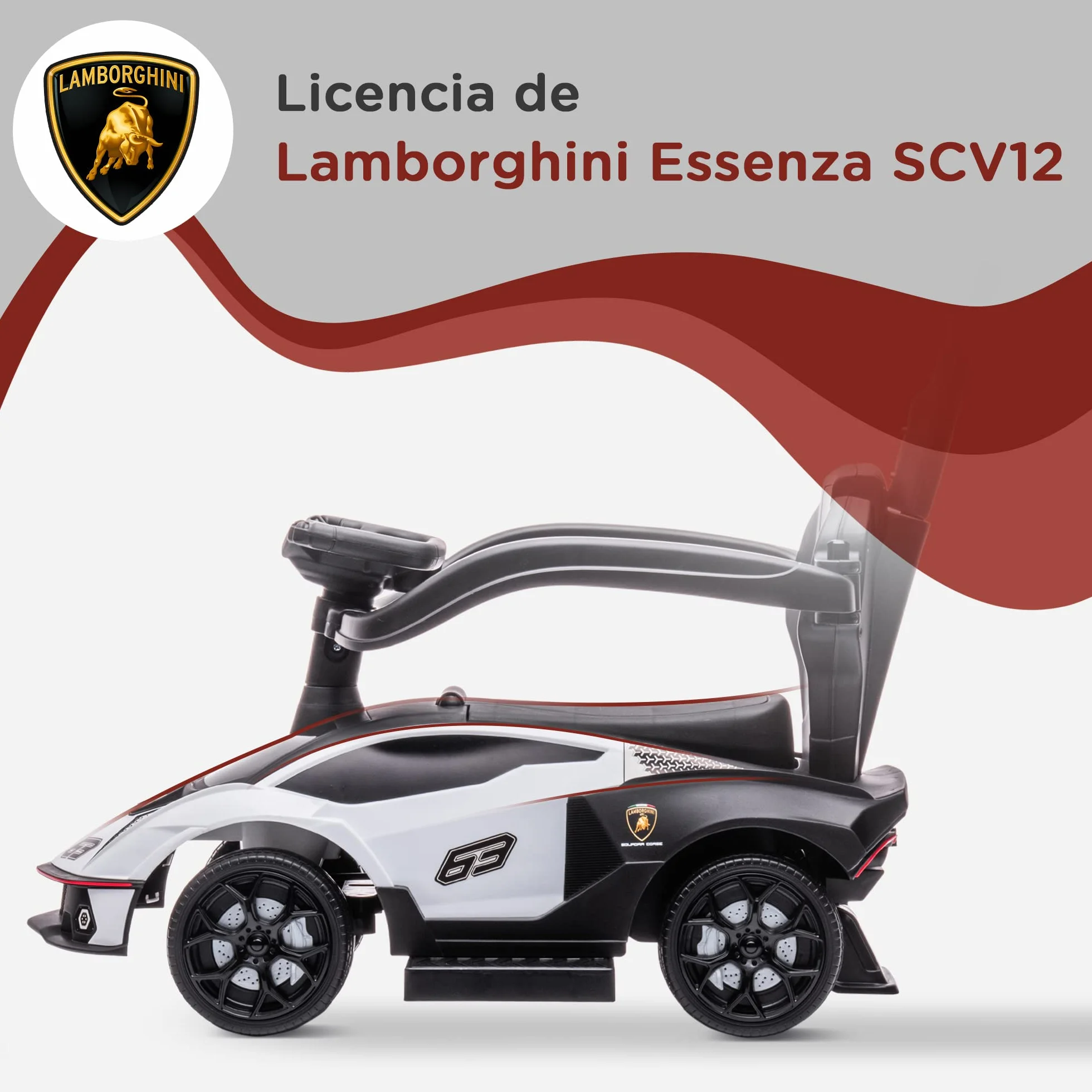 AIYAPLAY 2 en 1 Coche Correpasillos para Niños 12-36 Meses Lamborghini Essenza SCV12 Andador Empujador con Bocina Mango de Empuje y Barandilla Extraíbles 86,5x40x89,5 cm Blanco y Negro