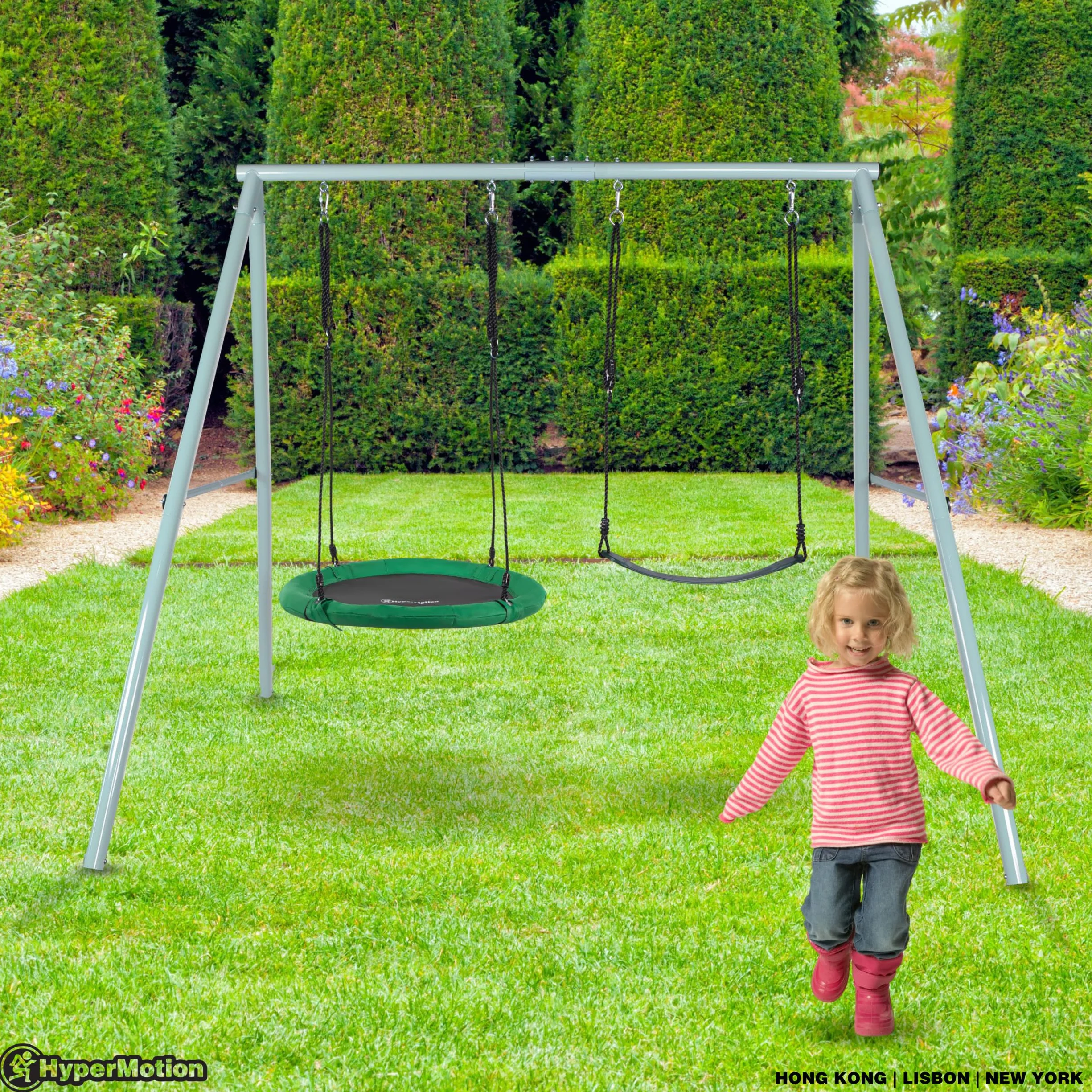 HyperMotion Columpio Infantil Doble para Jardín Exterior - Asiento y Nido de Cigüeña Ajustable con Estructura en A - para 2-3 Niños, Carga 200kg, Resistente UV