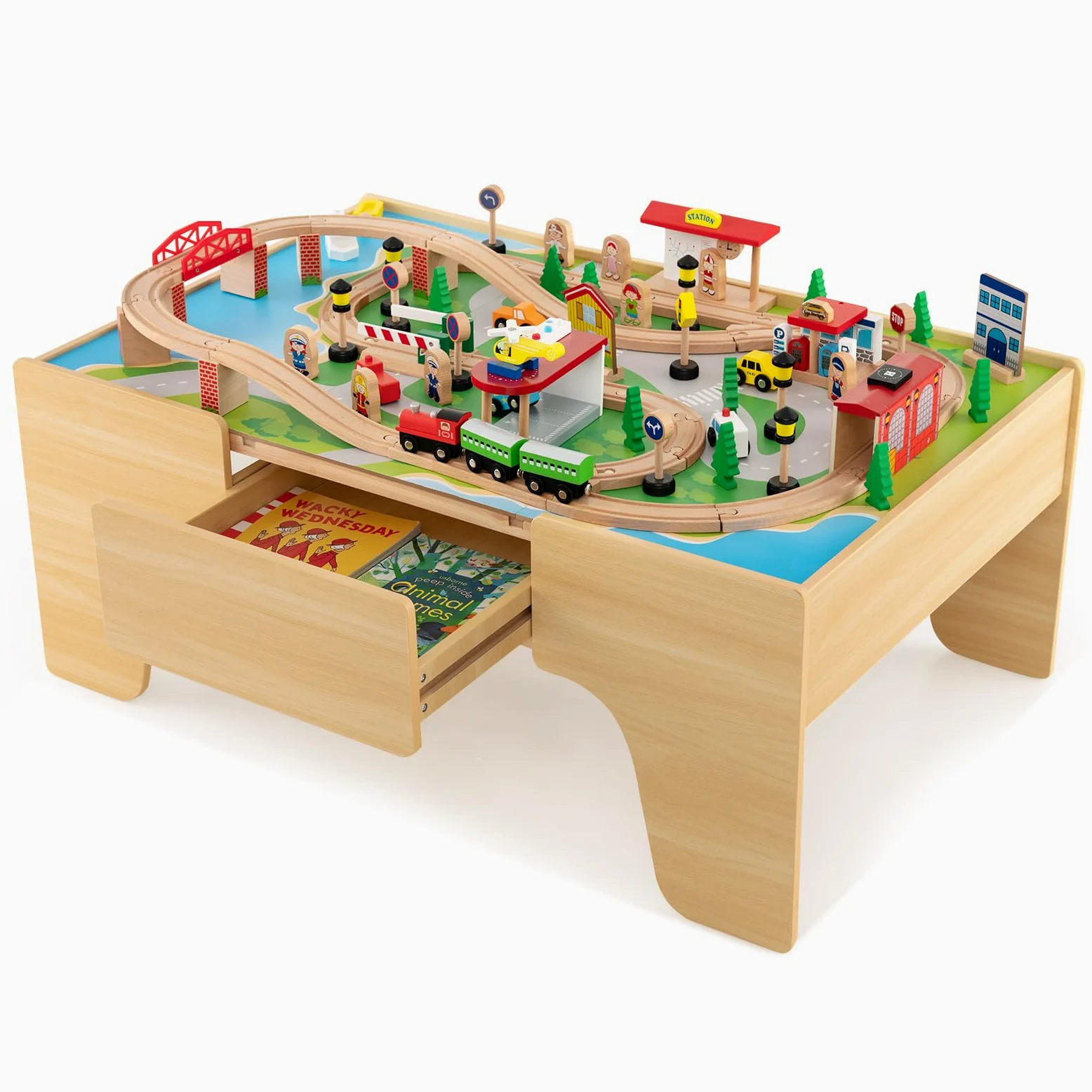 FANTASK Mesa de Juego de 84 Piezas de Madera, Juego de ferrocarril Infantil con Tablero y cajón Reversibles y extraíbles, Mesa de Actividades para Jugar, Pintar, Leer, Comer, Juguetes para niños a
