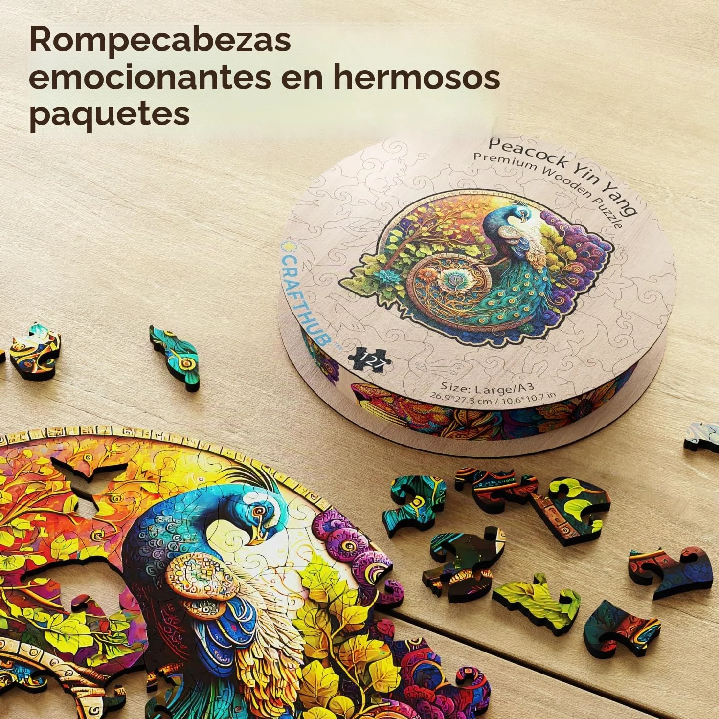Crafthub Puzzle de Madera de Animales – A3 Animal Rompecabezas para Adultos – Pavo Real – Formas de Rompecabezas únicas – 127 Piezas – 26.9cm x 27.3cm