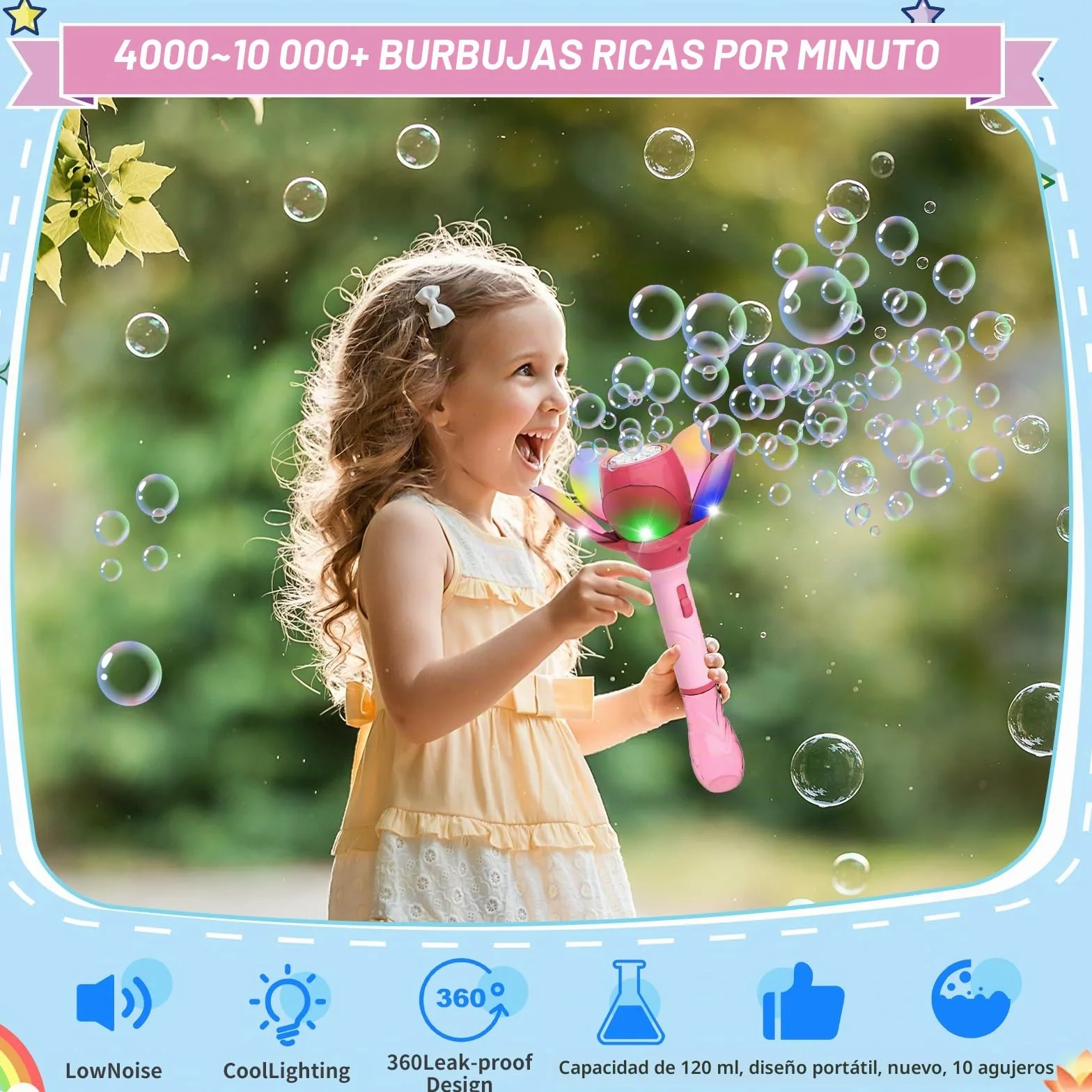 Flor de Loto Máquina de Burbujas, Pistola de Burbujas para Niños 10000+ Burbujas/Minuto, Pistola Pompas de Jabon Niños con 120ml solución y 8X 10ml Concentrado de Burbujas