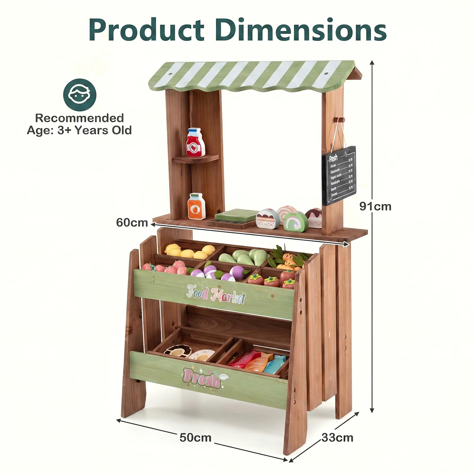 HOMASIS Puesto de Mercado Infantil | Tienda de Comestibles de Juguete con Pizarra, Toldo, Compartimentos, Cajas, Accesorios y Estructura de Madera de Abeto