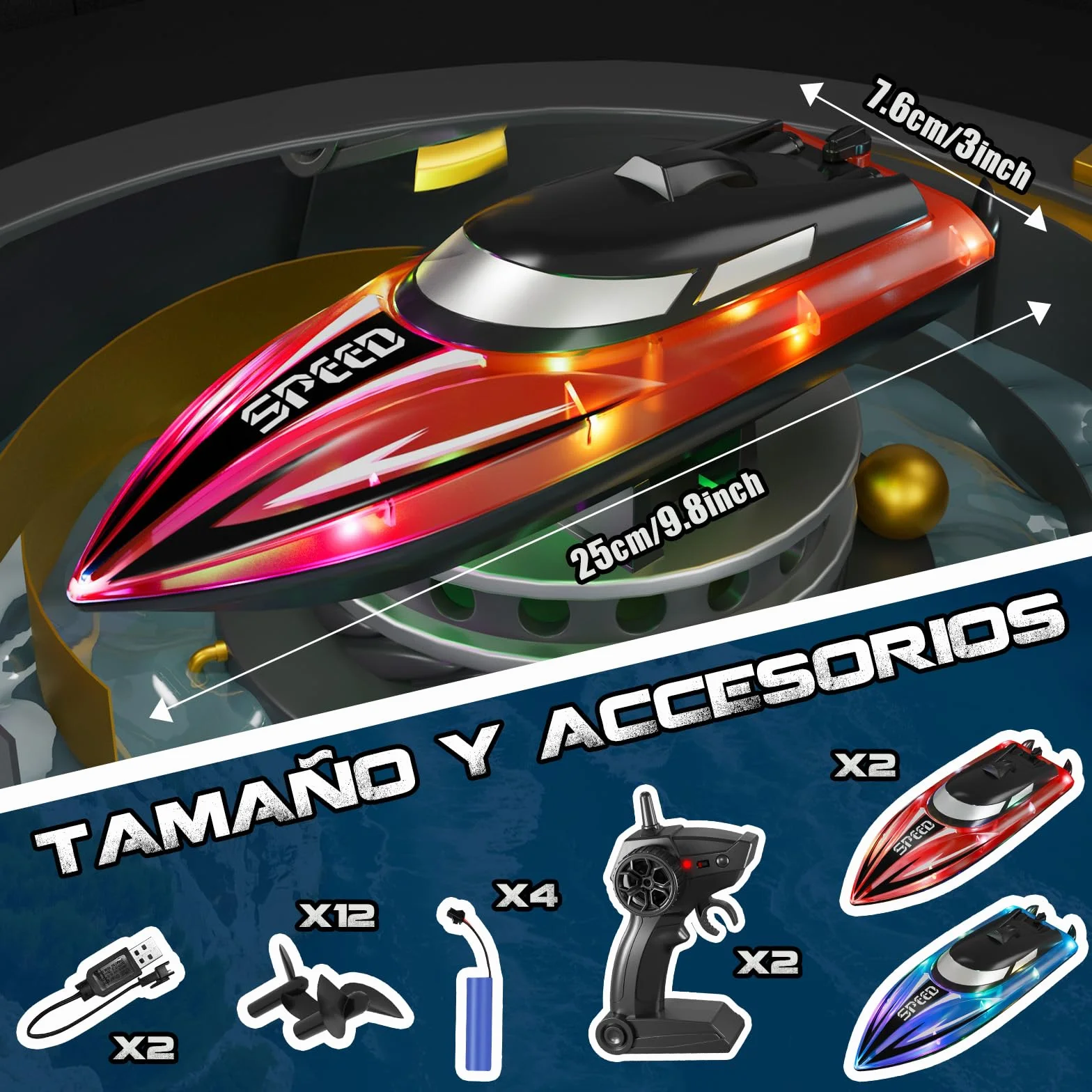 JONRRYIN Barco Teledirigido 2 Piezas, 2.4GHz Barcos Teledirigidos con Luces LED y Alarma de Batería Baja, Barcos RC Regalo para Niños y Adulto (Rojo+Azul)