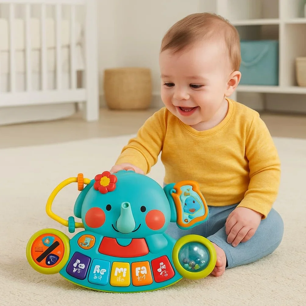 Hola - Piano Infantil de Juguete - con Luces y Sonidos Reales de Instrumentos Musicales - Juego Elefante Musical con Teclado y 7 Actividades - Juguete Sensorial y Educativo - Regalo Bebe +6 Meses