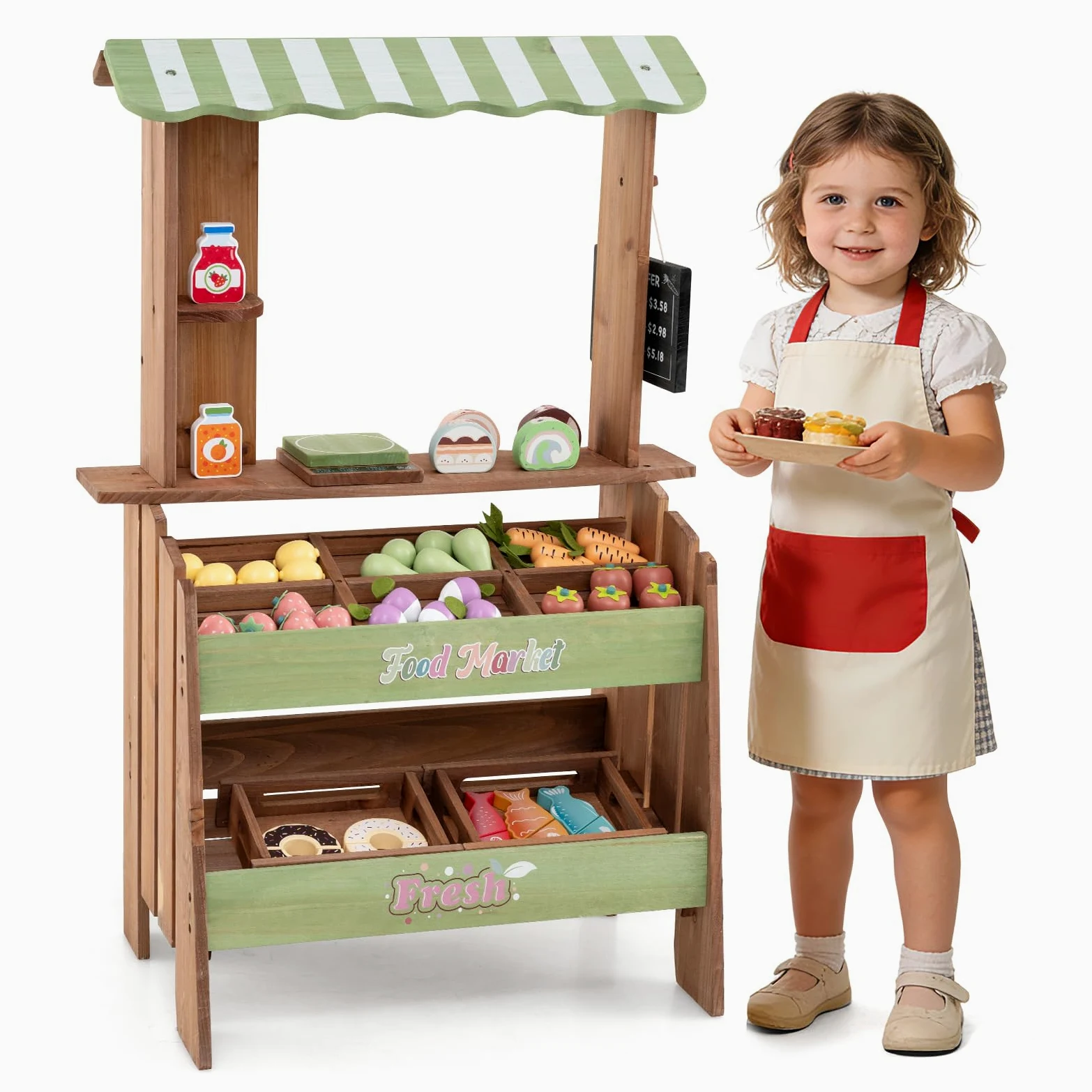 COSTWAY Tienda de Comestibles de Juguete para Niños, Supermercado Infantil | Madera de Abeto, con Toldo, Pizarra y Varios Accesorios, Soporte Puesto de Mercado Infantil para Interior Exterior 3+ Años