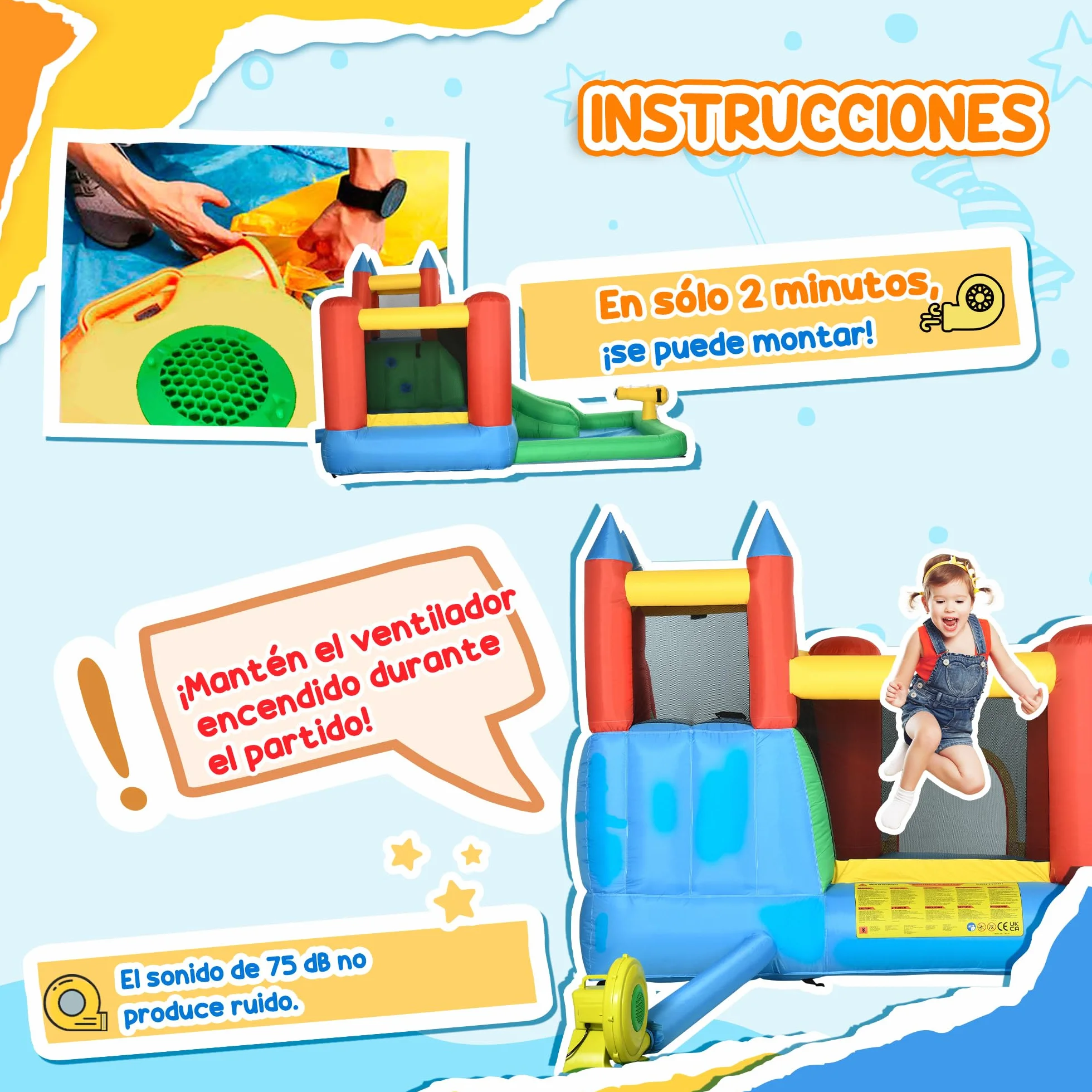 Outsunny Castillo Hinchable para Niños +3 Años 6 en 1 Castillo Inflable con Inflador Parque Acuático con Tobogán Zona de Salto Piscina y Bolsa de Transporte 330x245x215 cm Multicolor