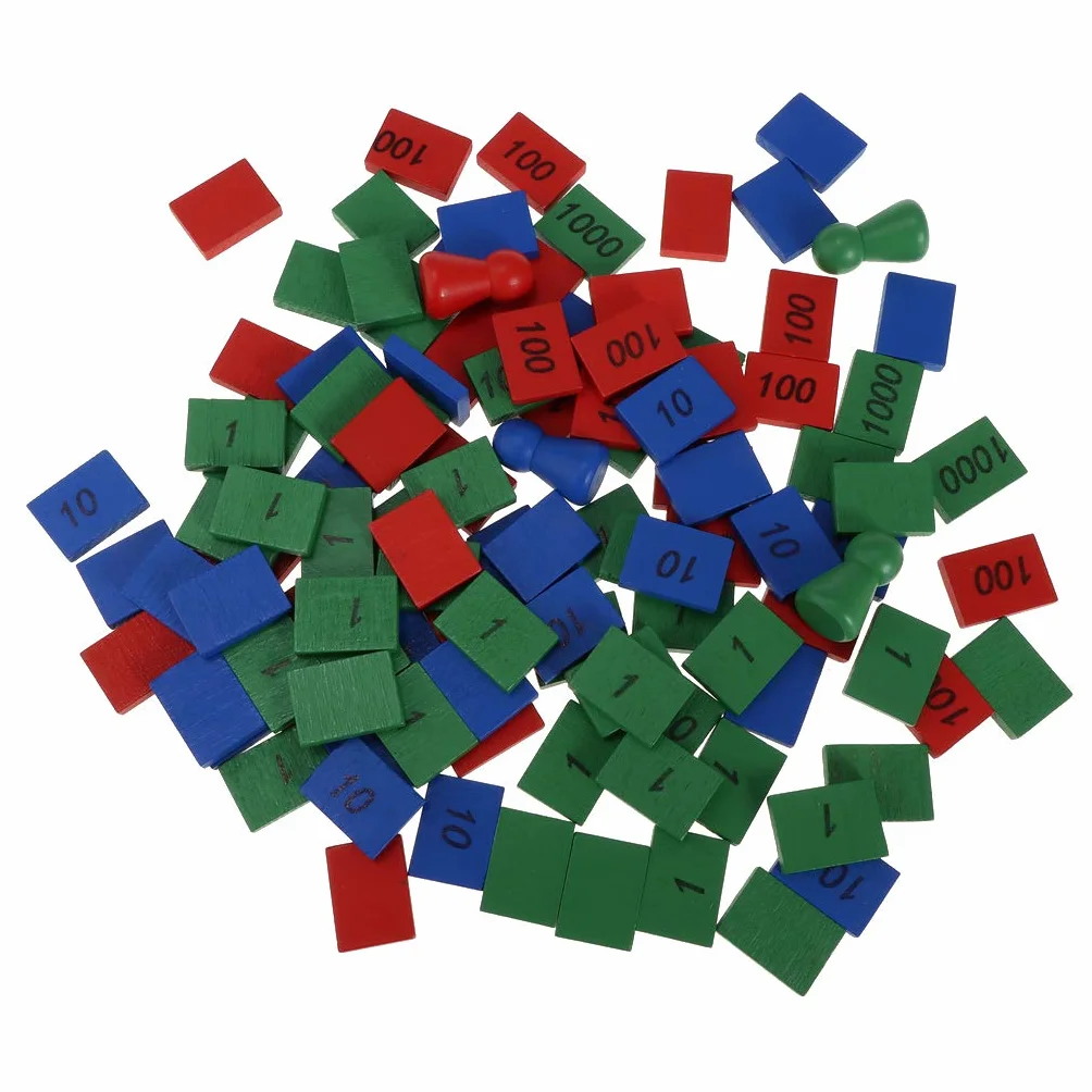 Juego de sellos Montessori de madera, juego de sellos Montessori de 4 piezas y 108 piezas de azulejos de madera etiquetados con 1, 10, 100 y 1000