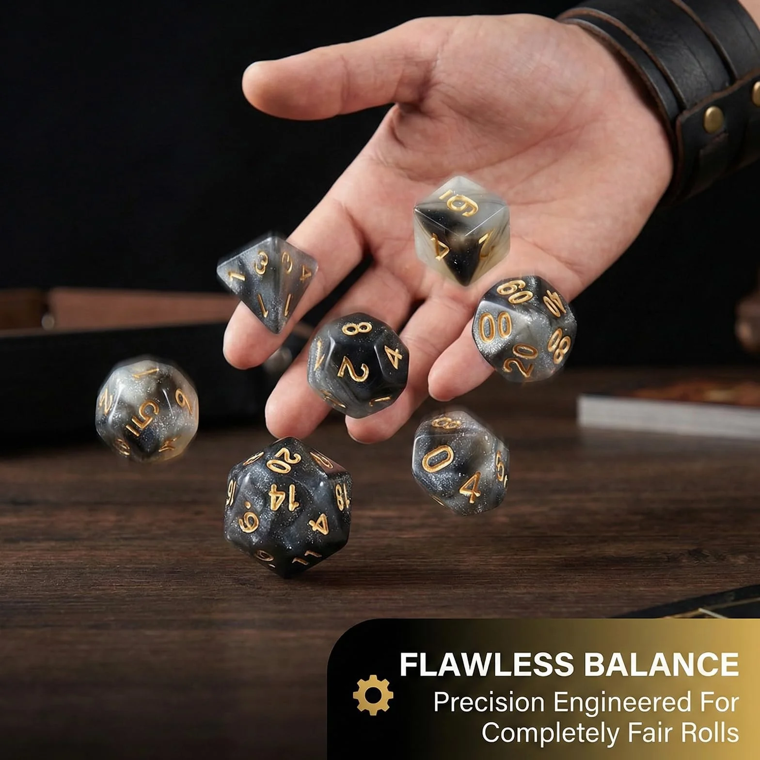 Juego 7 dados DND para Dungeon and Dragons, D&D, juegos rol, Pathfinder, juegos mesa - dados poliedros en tonos negros transparentes - combinación colores en negro, blanco y dorado