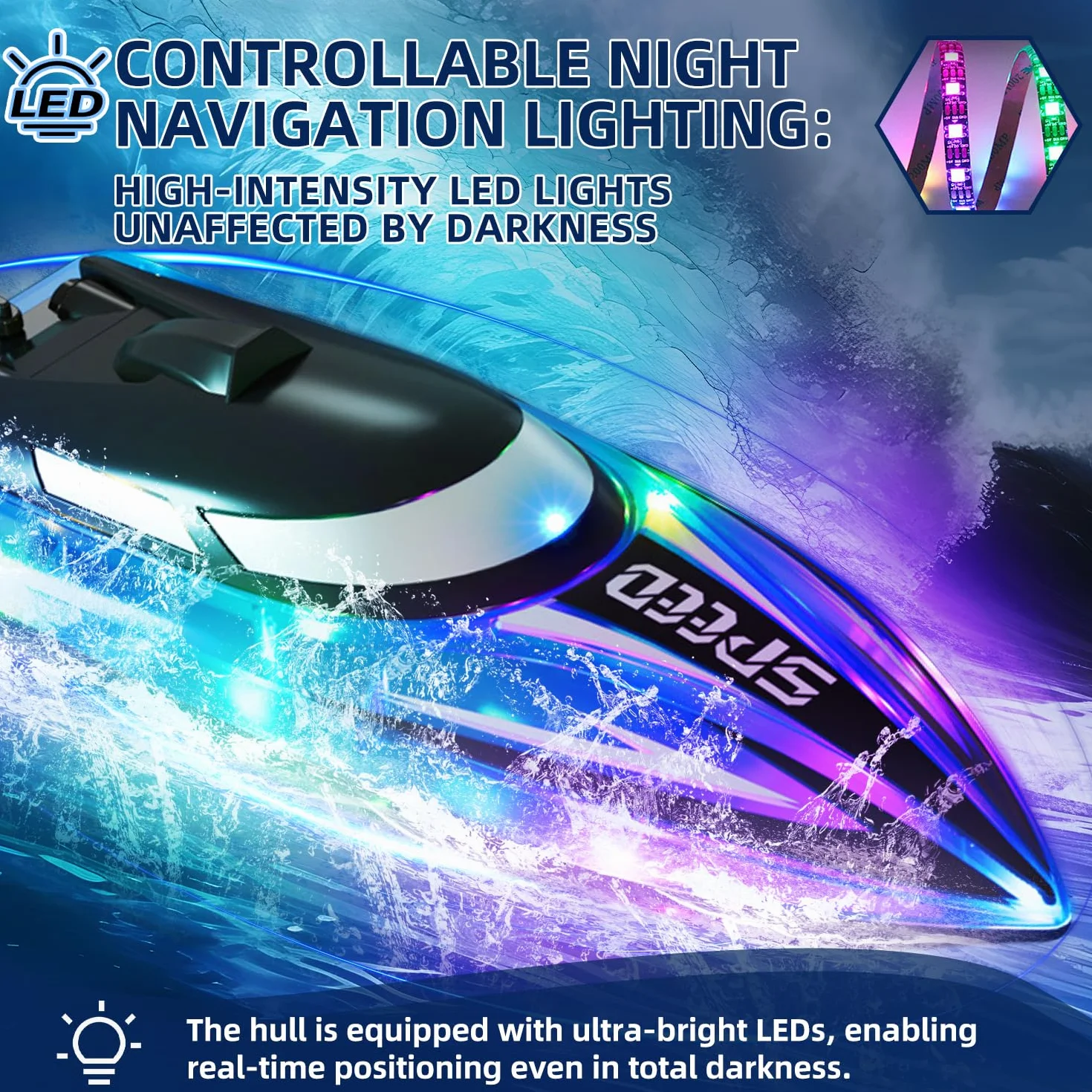 Barco teledirigido Rose con iluminación LED – Control 2,4G motorizado, impermeable y antivuelco – Lancha para niños, incluye 2 baterías