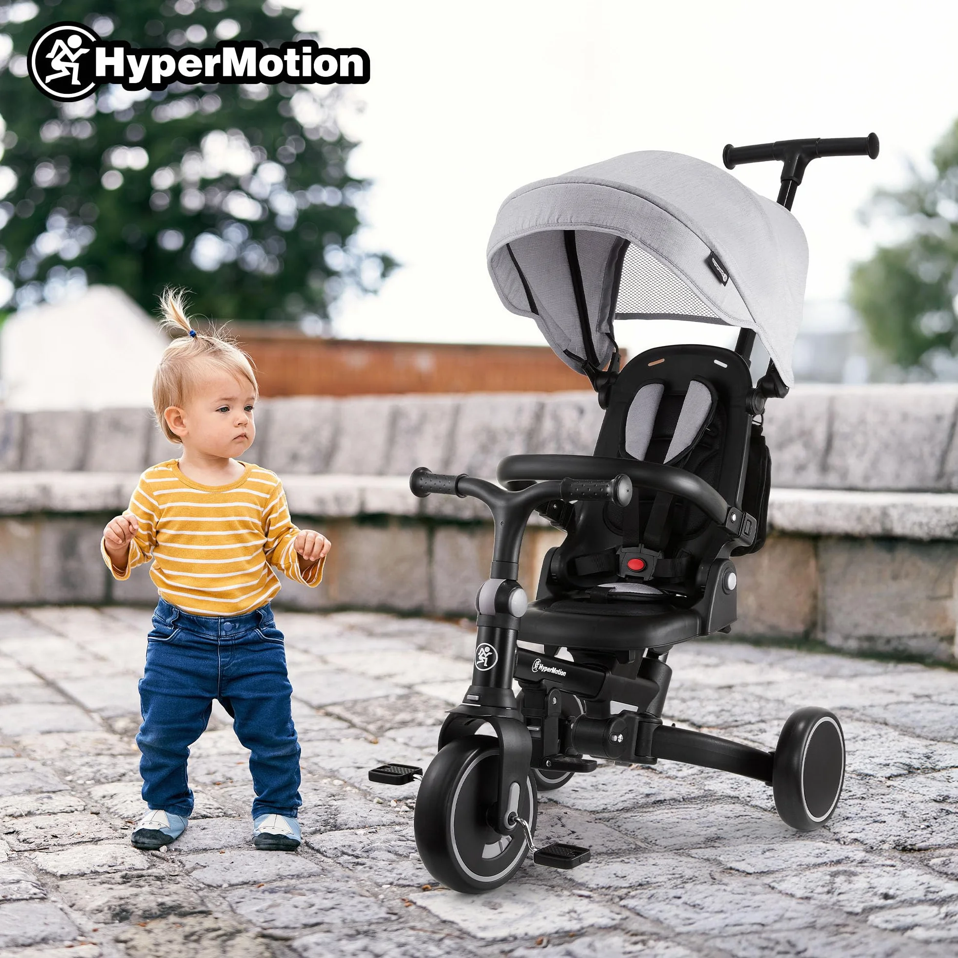 HyperMotion Triciclo Evolutivo 8 en 1 con Asiento Giratorio 360° – Triciclo Bebe Reclinable y Plegable con Capota, Arnés y Barra de Empuje – Trike Infantil para Niños de 1 a 5 Años