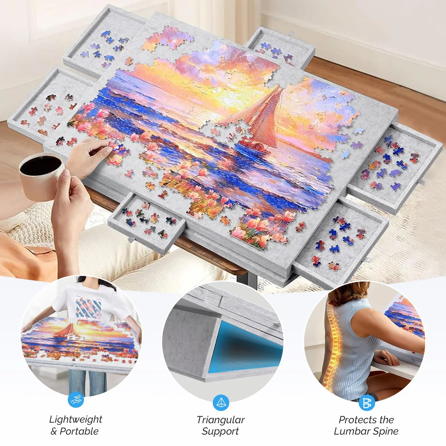 1000 Piezas Mesa de Rompecabezas con 6 Cajones, Mesa de Puzle Portátil, Puzzle Board de Fieltro Ligero, Rompecabezas de Caballete para Niños y Adultos (Gris)
