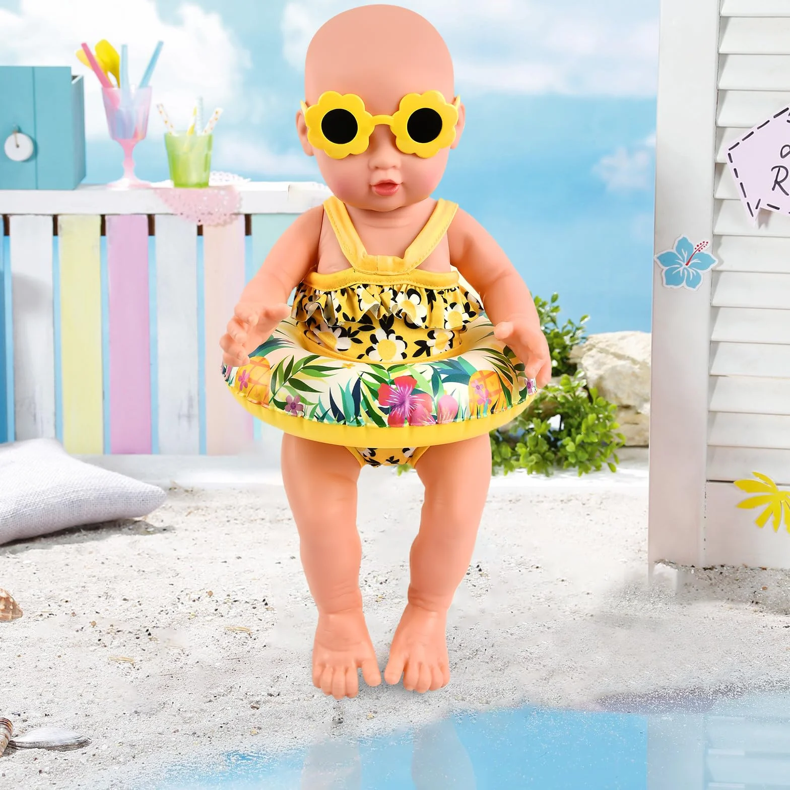 Traje de Baño para Muñecas, Ropa de Muñecas para New Born Baby Doll, Ropa para Muñecas Bebé con Bañadores Muñecas, Gafas de Sol, Anillo de Natación, Ropa de Muñeca para Muñecas de 35–45 cm