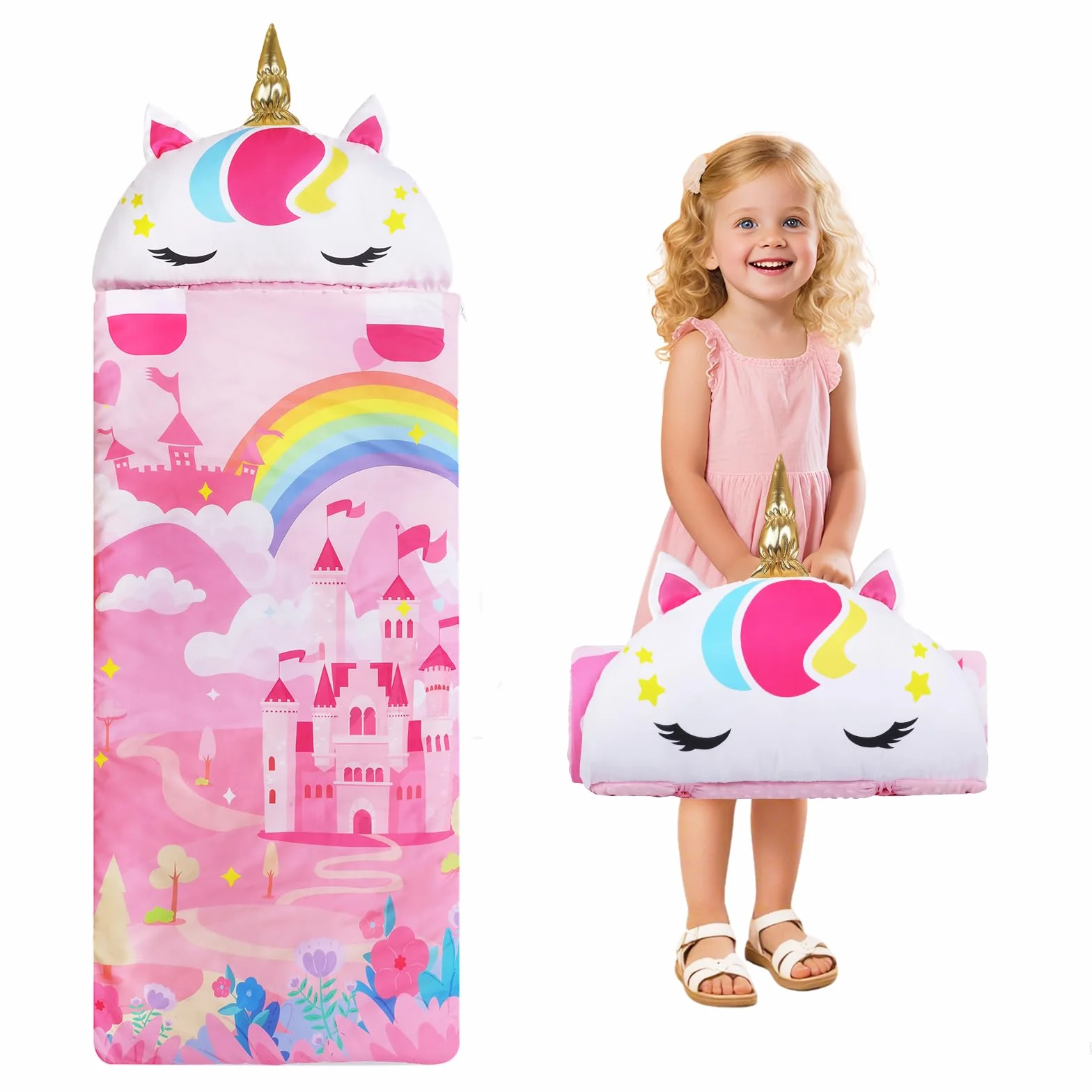 decalsweet Cálida Alfombrilla de Siesta para Niños Pequeños con Almohada Extraíble, Saco de Dormir Plegable para Niñas y Niños, Bolsa de Dormir con Cremallera para Camping Siesta, 150×60cm
