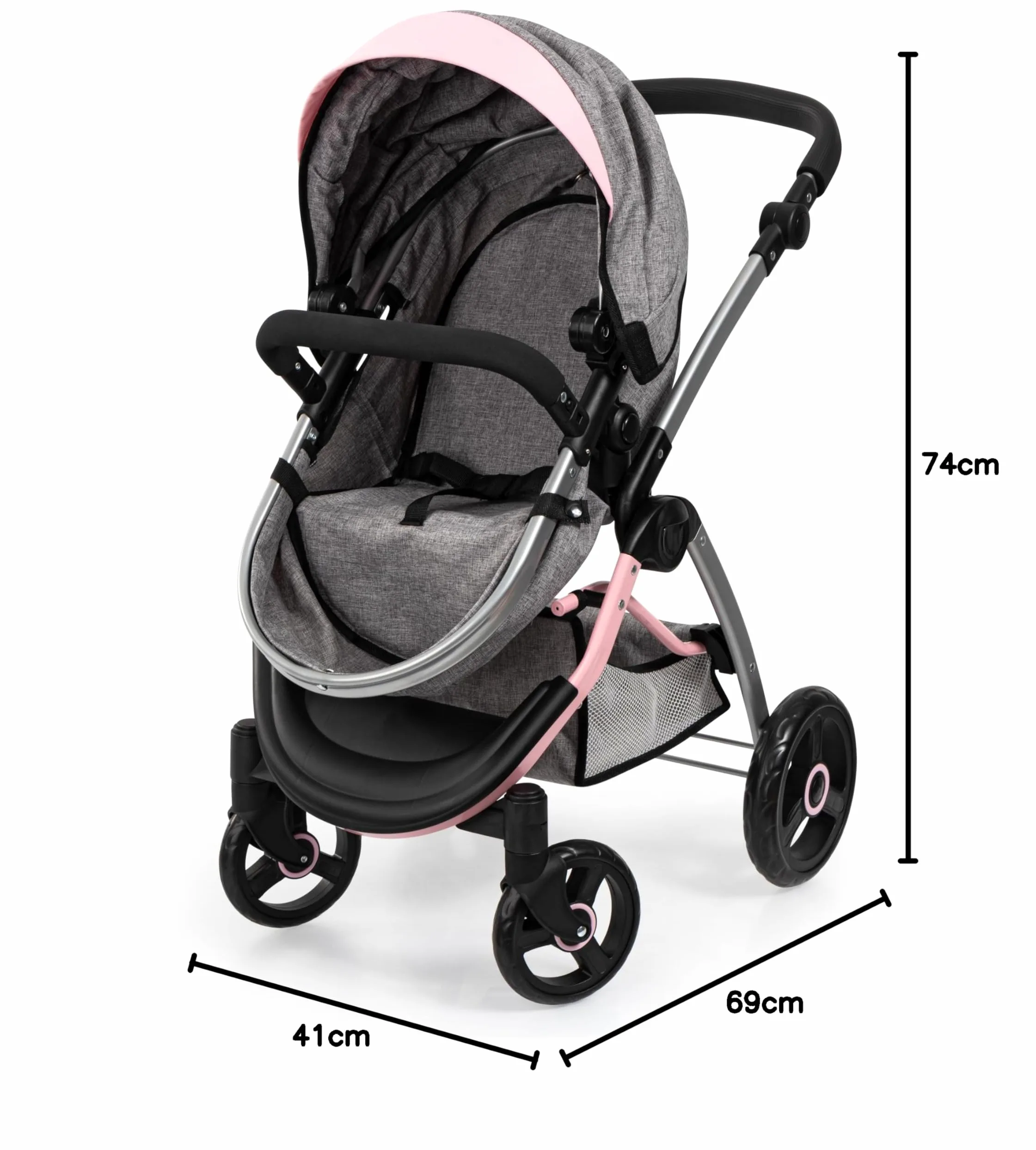 Bayer Design 17533AA Cochecito de muñecas City MAX con Bolsa, Regulable en Altura, Ruedas Delanteras giratorias, Convertible en Silla Paseo, Cesta Integrado