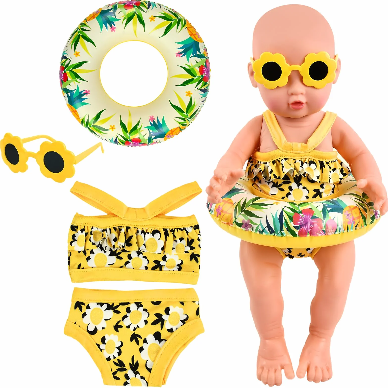 Traje de Baño para Muñecas, Ropa de Muñecas para New Born Baby Doll, Ropa para Muñecas Bebé con Bañadores Muñecas, Gafas de Sol, Anillo de Natación, Ropa de Muñeca para Muñecas de 35–45 cm