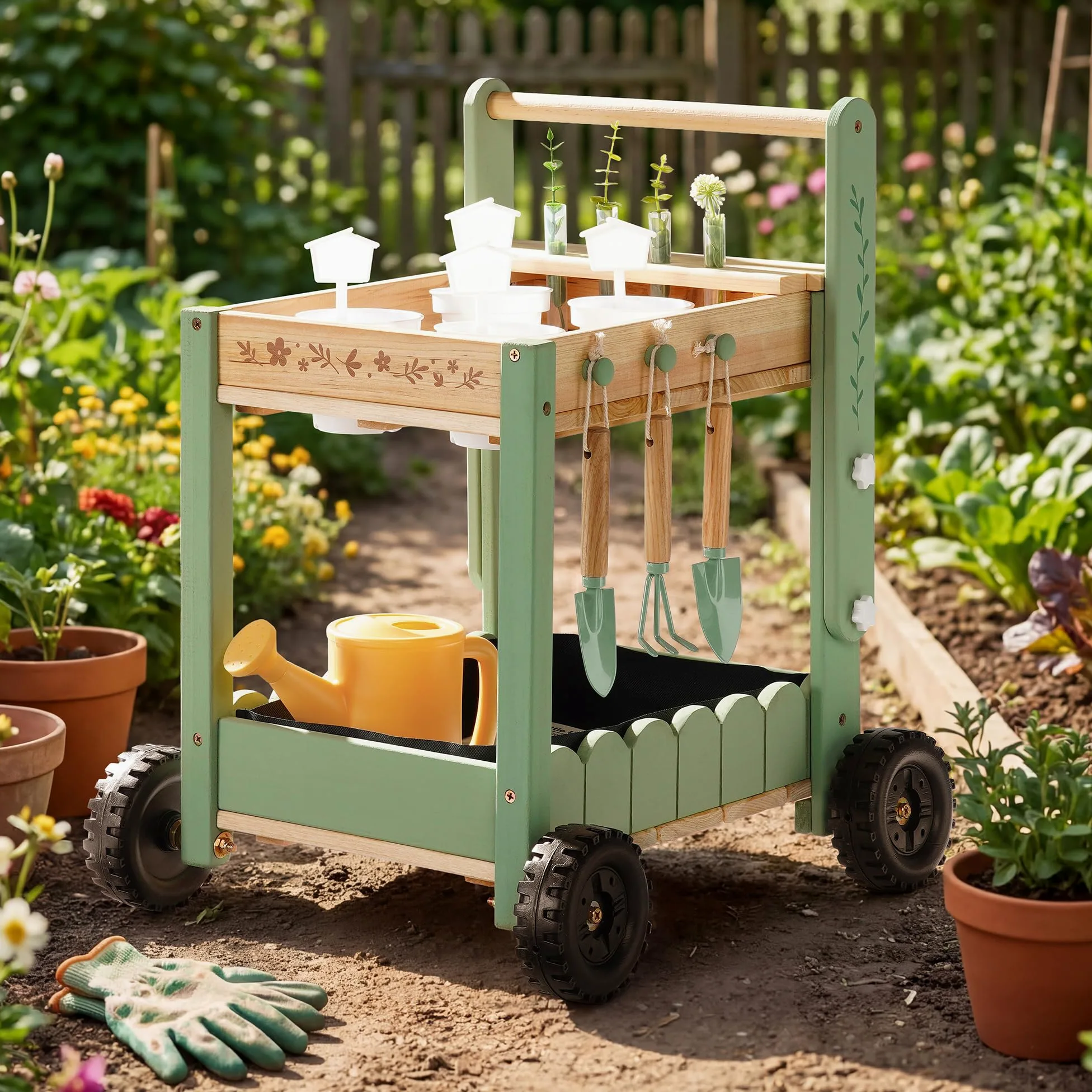 ROBOTIME Carro de jardín de madera para niños, carrito de jardín para exteriores con 4 vasos de plantas y 4 tubos de ensayo hidropónicos, regadera, 3 herramientas de jardín, etiquetas para plantas y