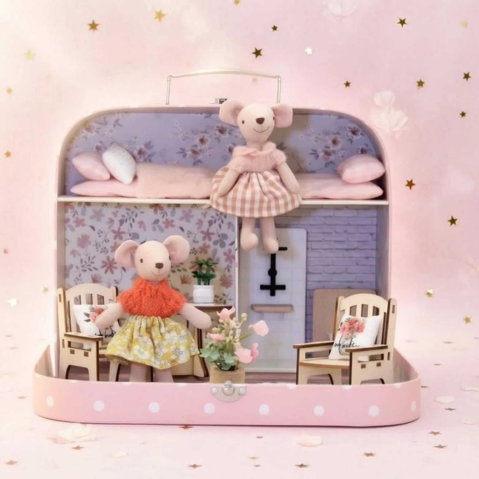 Perfeclan Casa de Muñecas Portátil Maletín Juego Set con Dos Niveles y Escena de Hogar con Flores Incluye Figuras y Muebles Materiales Madera y Tela Adecuada