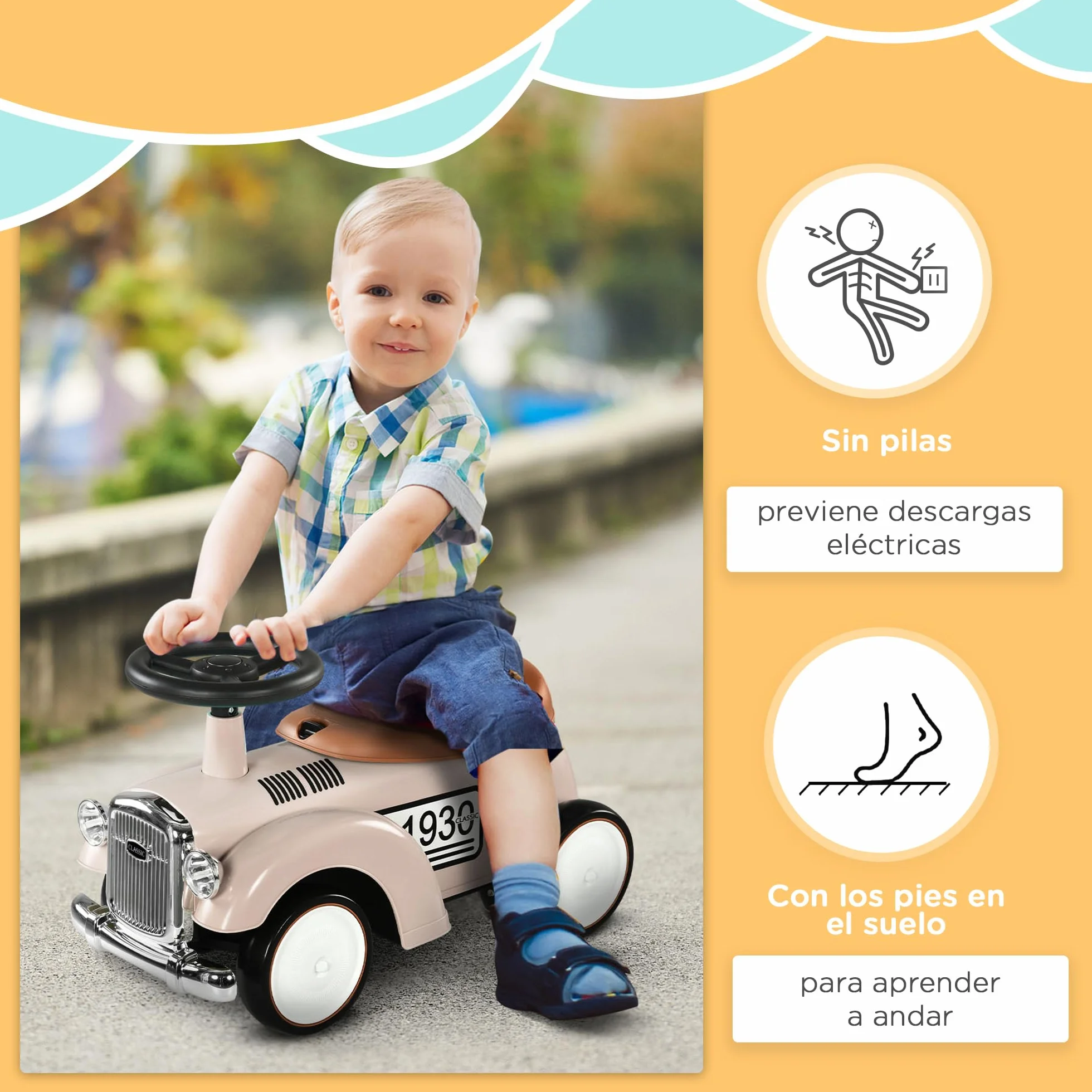 AIYAPLAY Correpasillos para Bebés de 12 a 36 Meses Coche sin Pedales con Bocina Compartimento de Almacenaje y Volante para Interior y Exterior 58x27x35 cm Crema