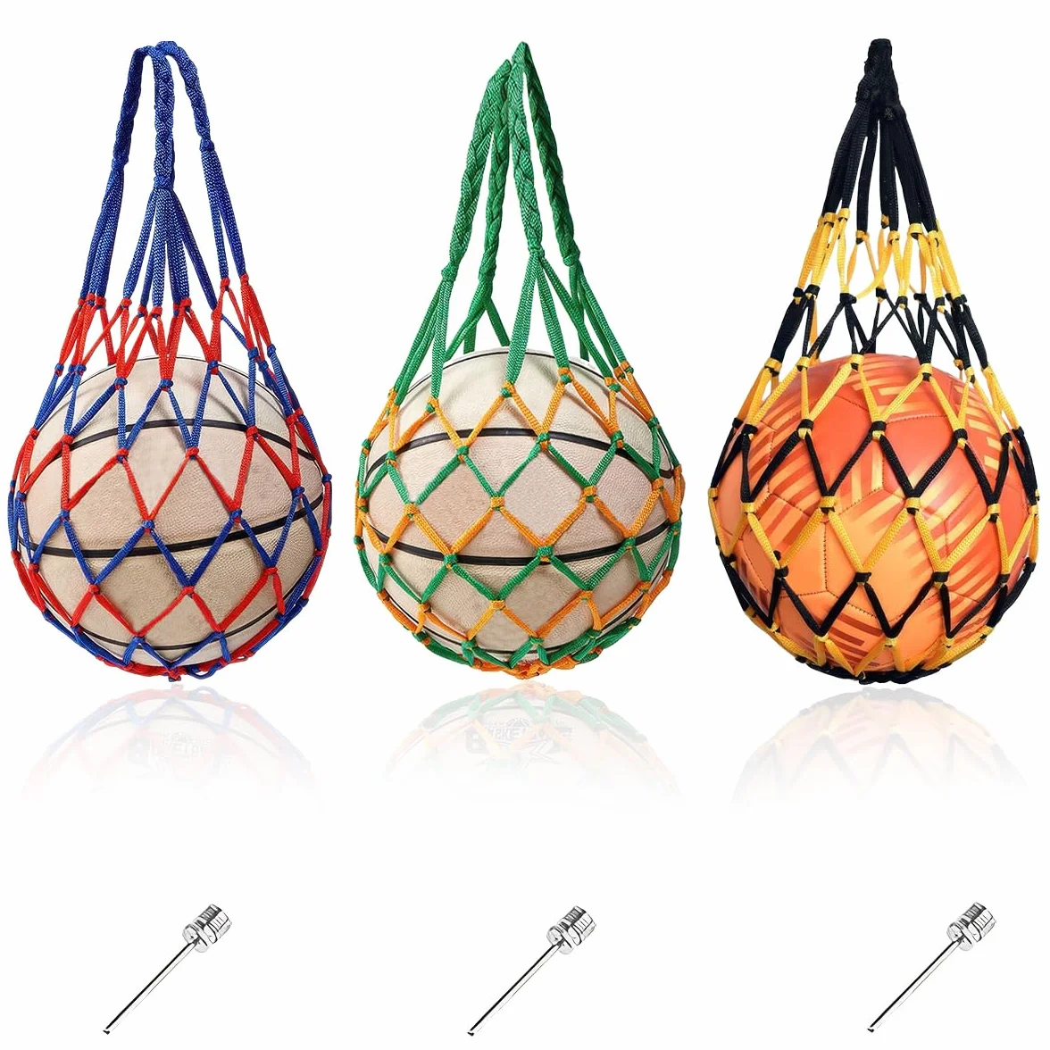 Bolsa de Malla para Balones de Fútbol, Baloncesto, Voleibol - Red de Nailon Reutilizable con 3 Piezas y Agujas Inflables
