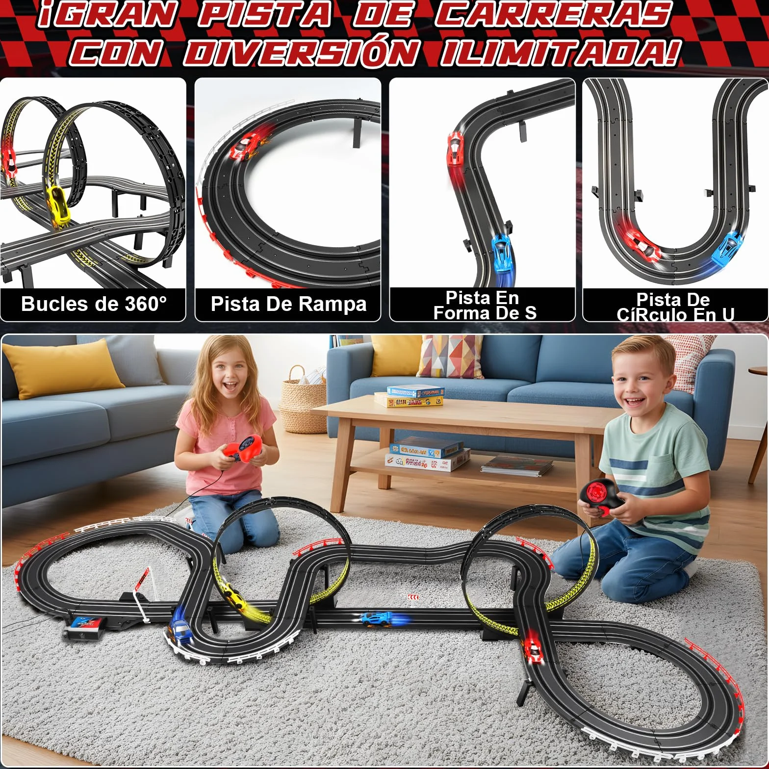 JONRRYIN Pista Carreras Electrica 1:64 Coches Niños Control Remoto Bucle 360° Extralargo Circuito Coche 3+ Años