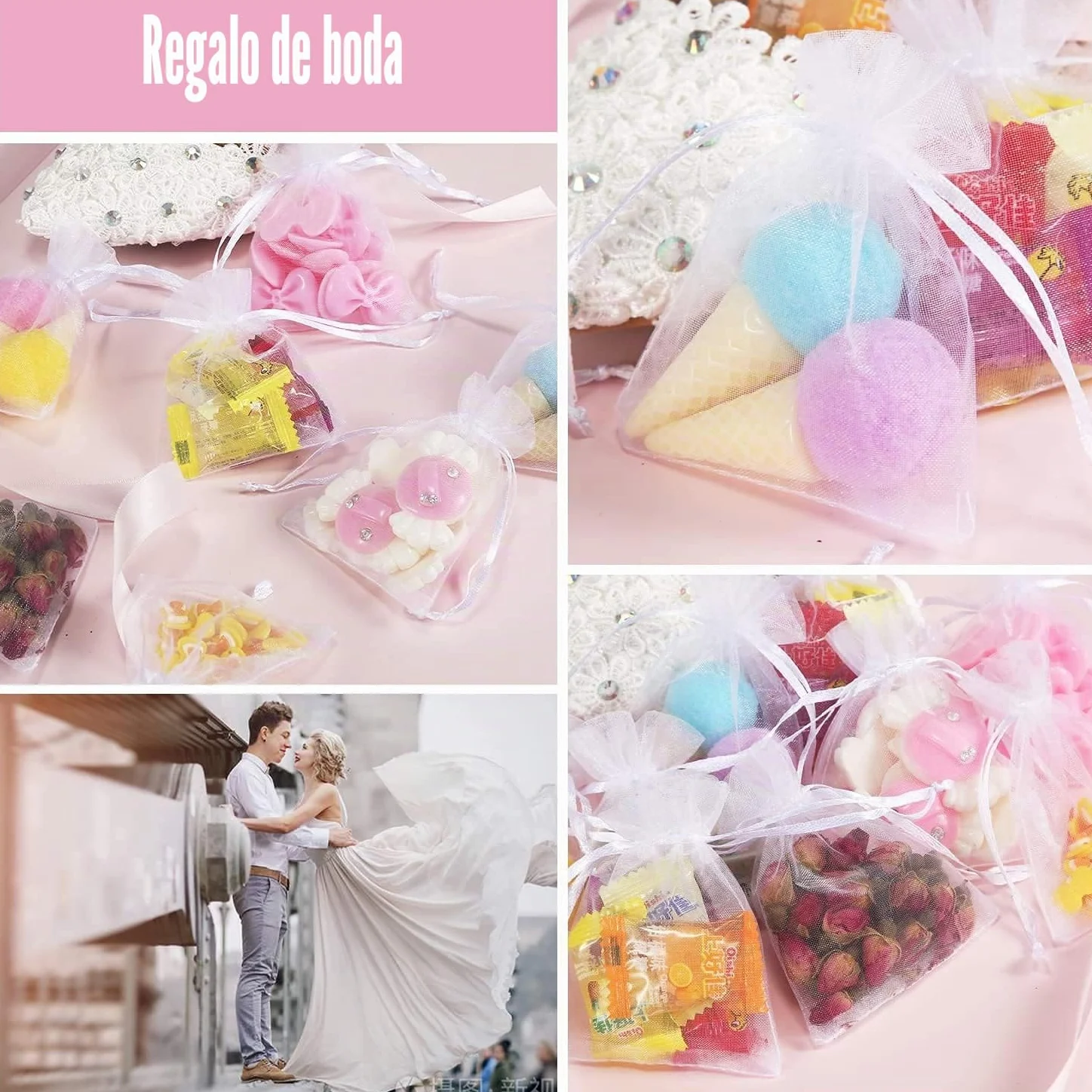 100 bolsas de organza blancas de 9 x 12 cm, bolsas de regalo, joyas para bodas, fiestas, festivales, fiestas y bodas, cordón de satén