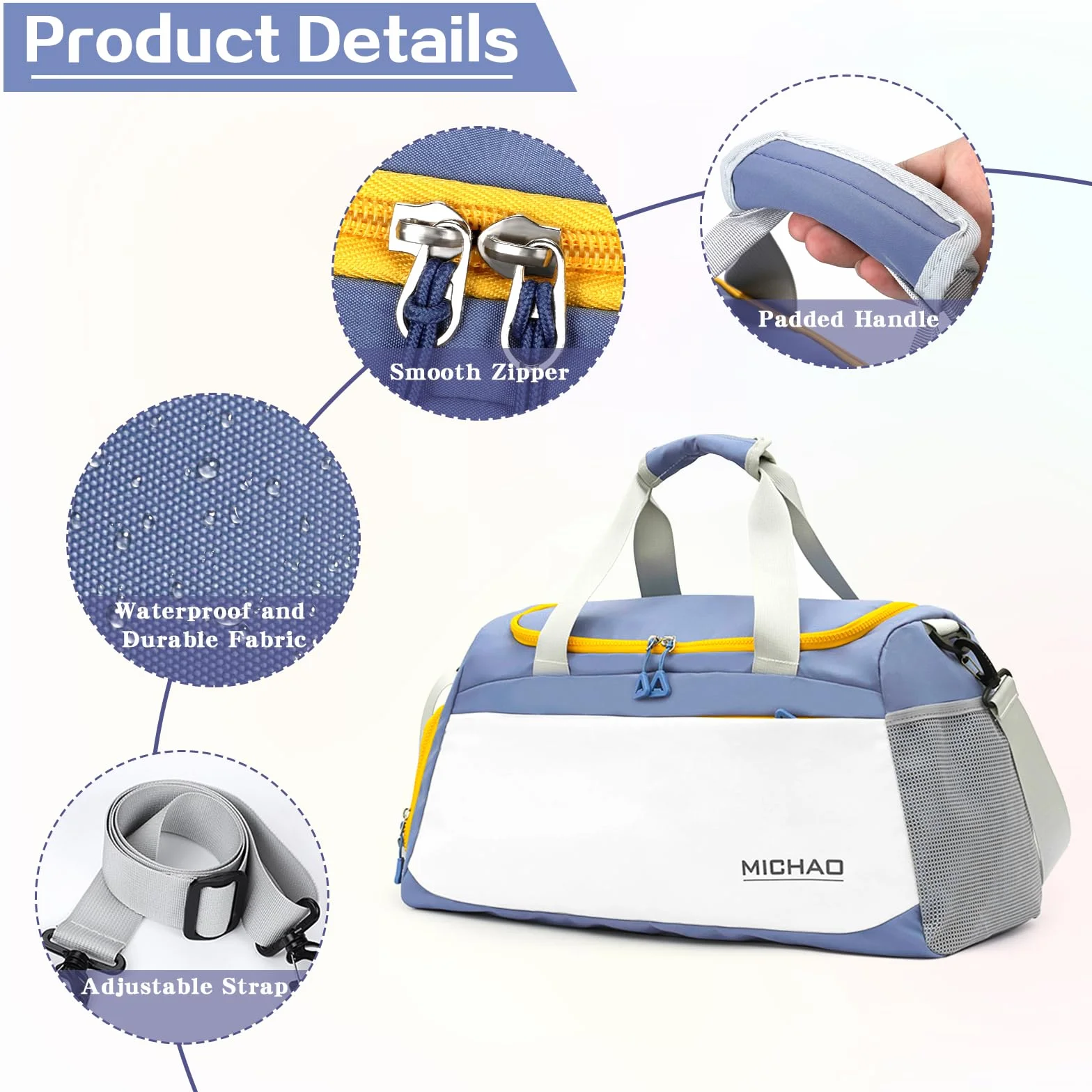 Bolsa Deporte Mujer Grande con Compartimento Zapatos y Mojado, Bolsa Viaje Mochila Gimnasio, Blanco+Azul