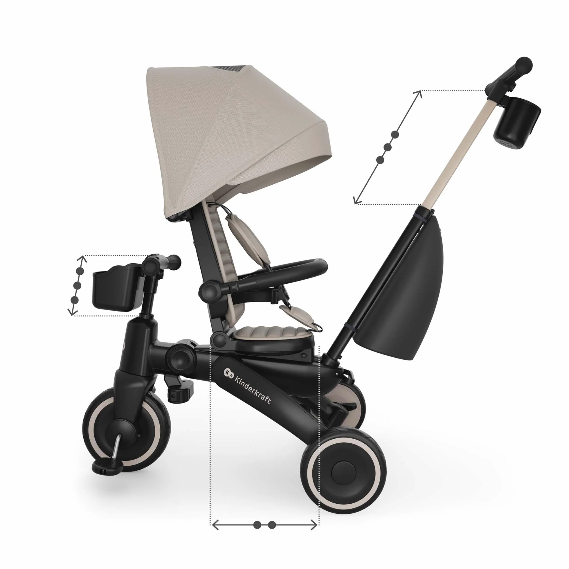 Kinderkraft Jazz 3 Triciclo, Asiento Giratorio 360°, posición semirreclinada, Plegable, Capota UPF 50+, Manillar para Padres, función de Bicicleta de Equilibrio, Beige