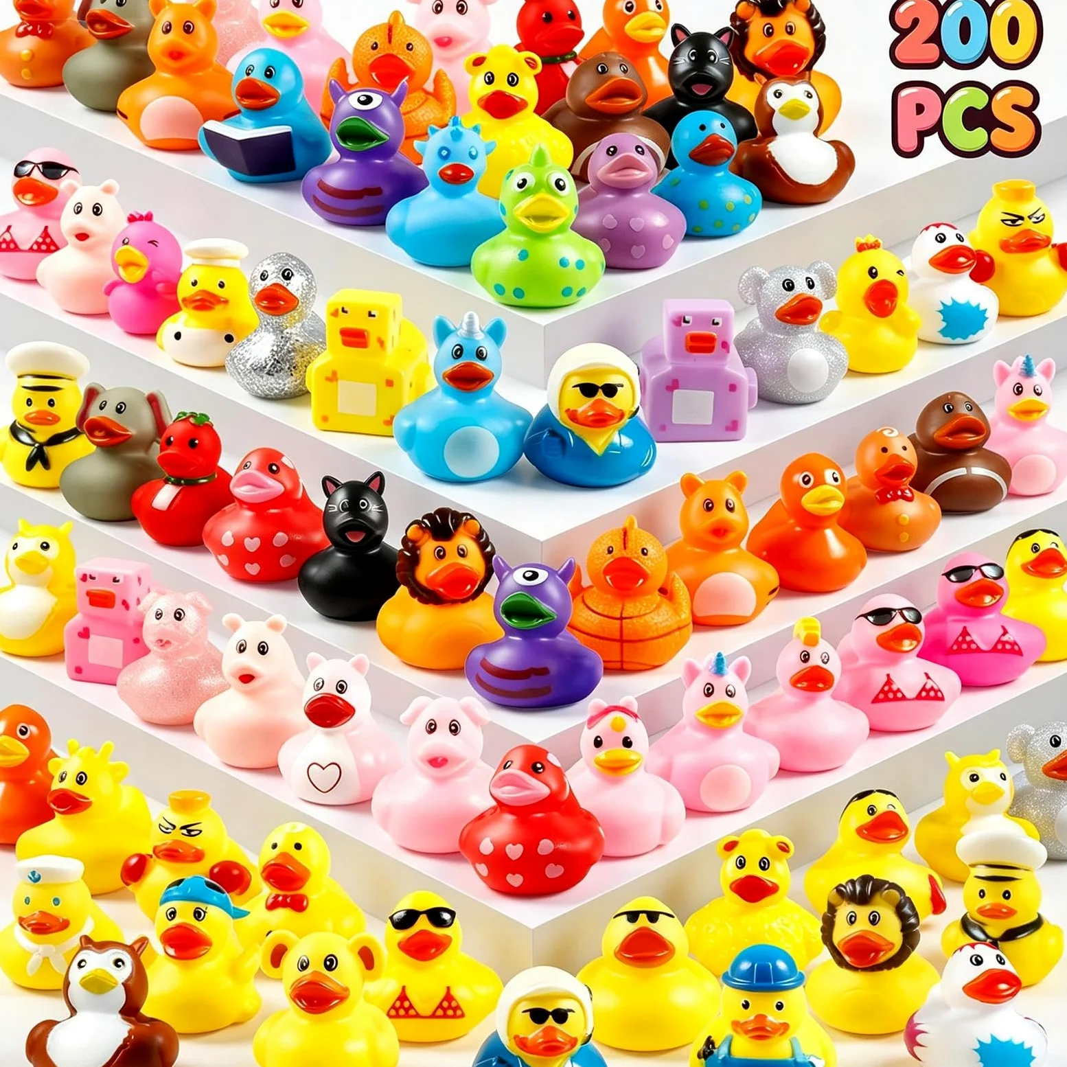 The Ultimate - Juego de juguetes para fiestas y baño: patos de goma de colores aleatorios en bolsa de malla para el baño del bebé, recuerdos de fiesta en la piscina y juegos divertidos para niños (200