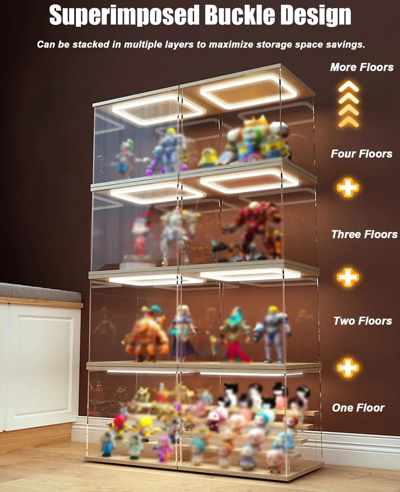 Vitrina de Acrílico Vitrina Alta de PVC Transparente con Luz LED, Caja de Acrílico para Exhibir Figuras de Trofeos, Vitrina para Figuras a Prueba de Polvo Puerta, Contenedores(30x40x60cm/12x16x24in)
