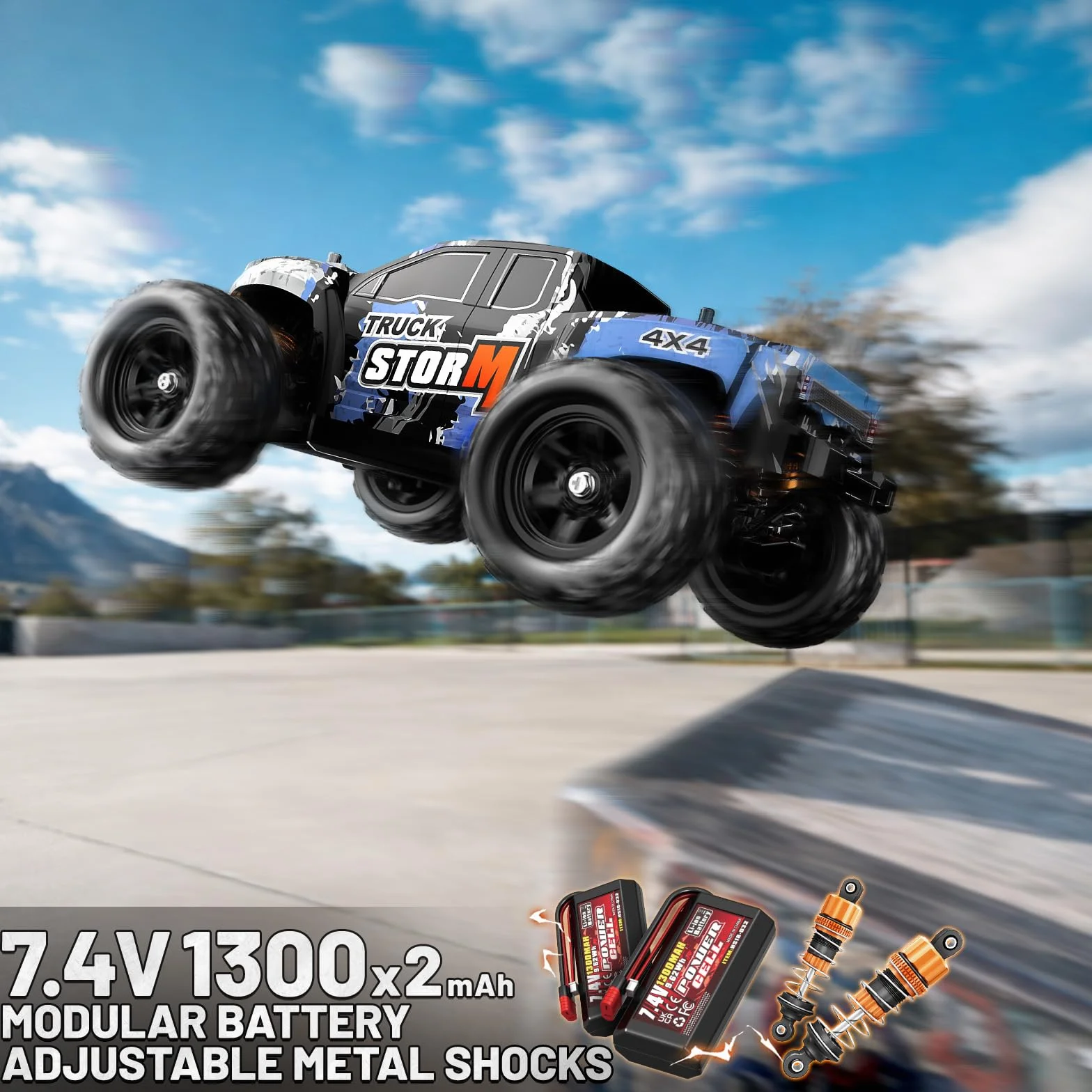 Coche radiocontrol 4x4 Todoterreno 1:18, Coche teledirigido RC 2.4GHz proporcional, 2 baterías 7,4V 1300mAh, transmisión metálica, para Mayores de 8 años y Adultos Principiantes
