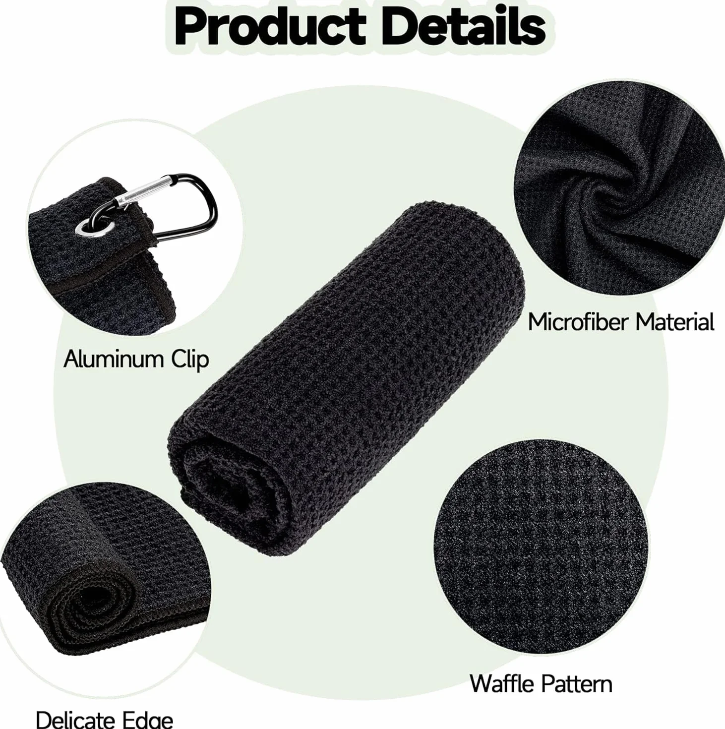 MEISO Toallas de Golf Microfibra 40xcm Ultra Absorbente Mosquetón Diseño Gofre Secado Rápido Negro