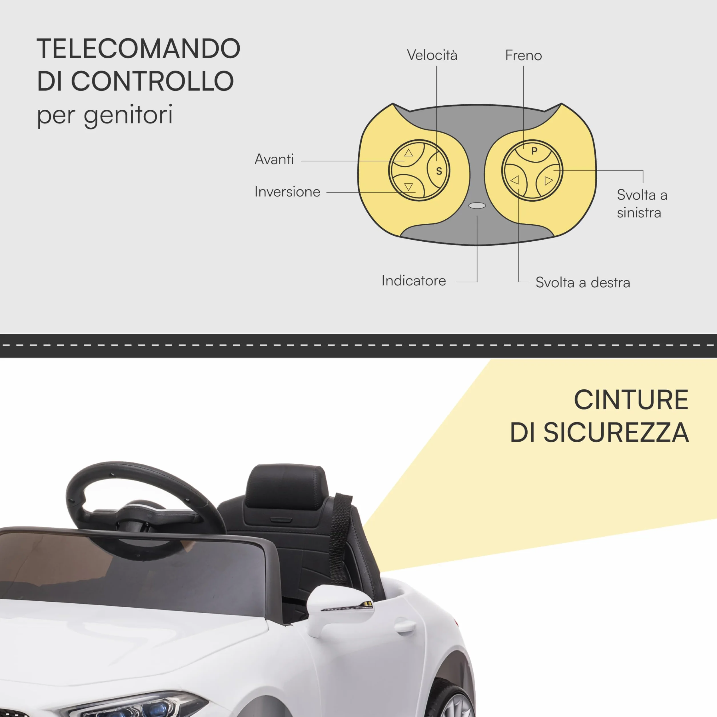 Baroni Toys Coche Bebé Mercedes AMG Eléctrico Completo Opcional Blanco, Mando a Distancia, Asiento Cuero, Puertas Abren, Motor Dual 6V, 25 Kg