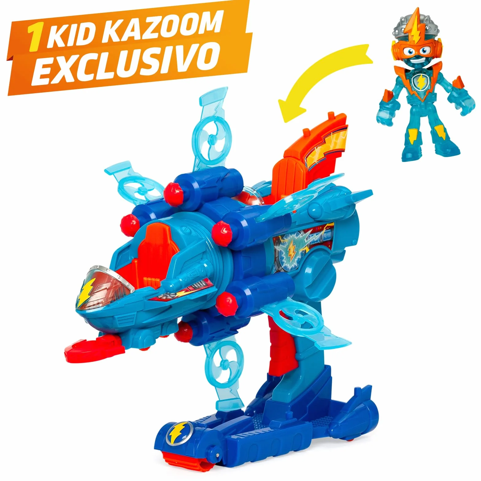 SUPERTHINGS KAZOOM Power – Vehículo Multi-acción de la Serie de TV ''Kazoom Power'', Contiene 1 Blaster Jet, 1 Kid Kazoom Exclusivo y 6 Proyectiles