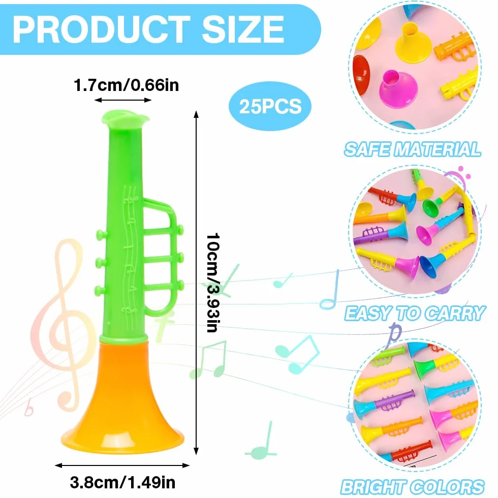 25 Piezas Mini Trompeta de Juguete Trompeta para Niños Pequeña Plastico Portátil Juguete Bocina Hacer Ruido Trompetas Instrumento Musical para Niños, Colorido, 10*3.8 cm