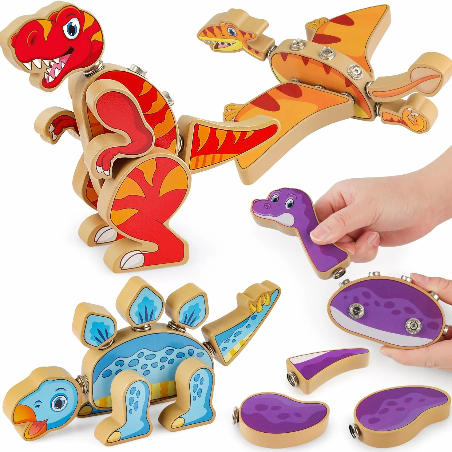 Coogam Juguetes de construcción de dinosaurio a presión, juego de dinosaurio de madera desmontable, STEM Montessori, juguete educativo de habilidades motoras finas, regalo para niños de 3, 4, 5 años