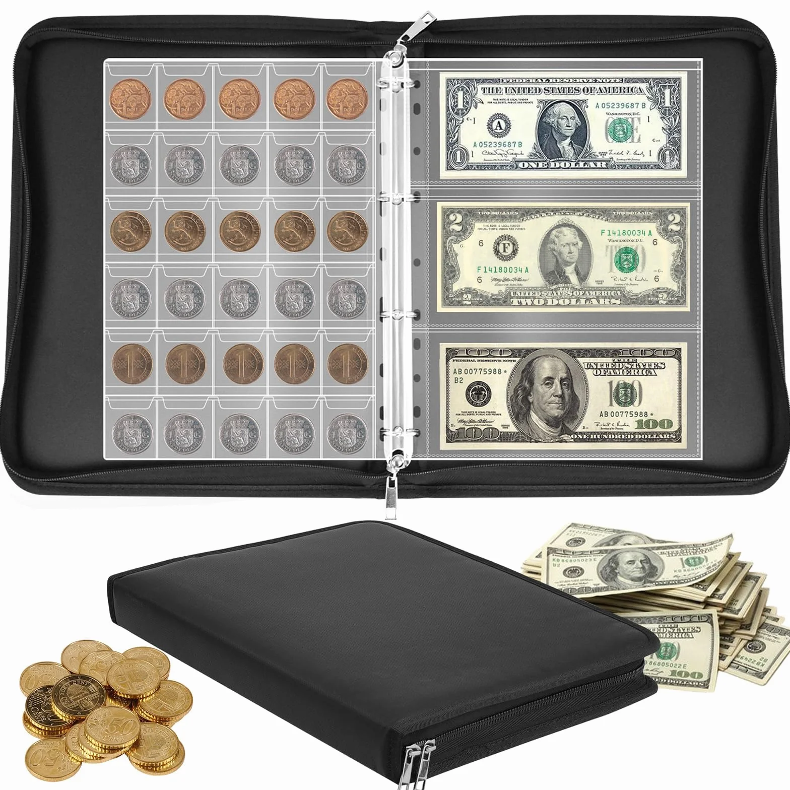 Ignífugo Album Monedas de 2 euros, Monedas Coleccion con 24 Páginas para 300 Monedas y 36 Billetes de Euros, Dólares, Libras Esterlinas y Peniques (Negro)