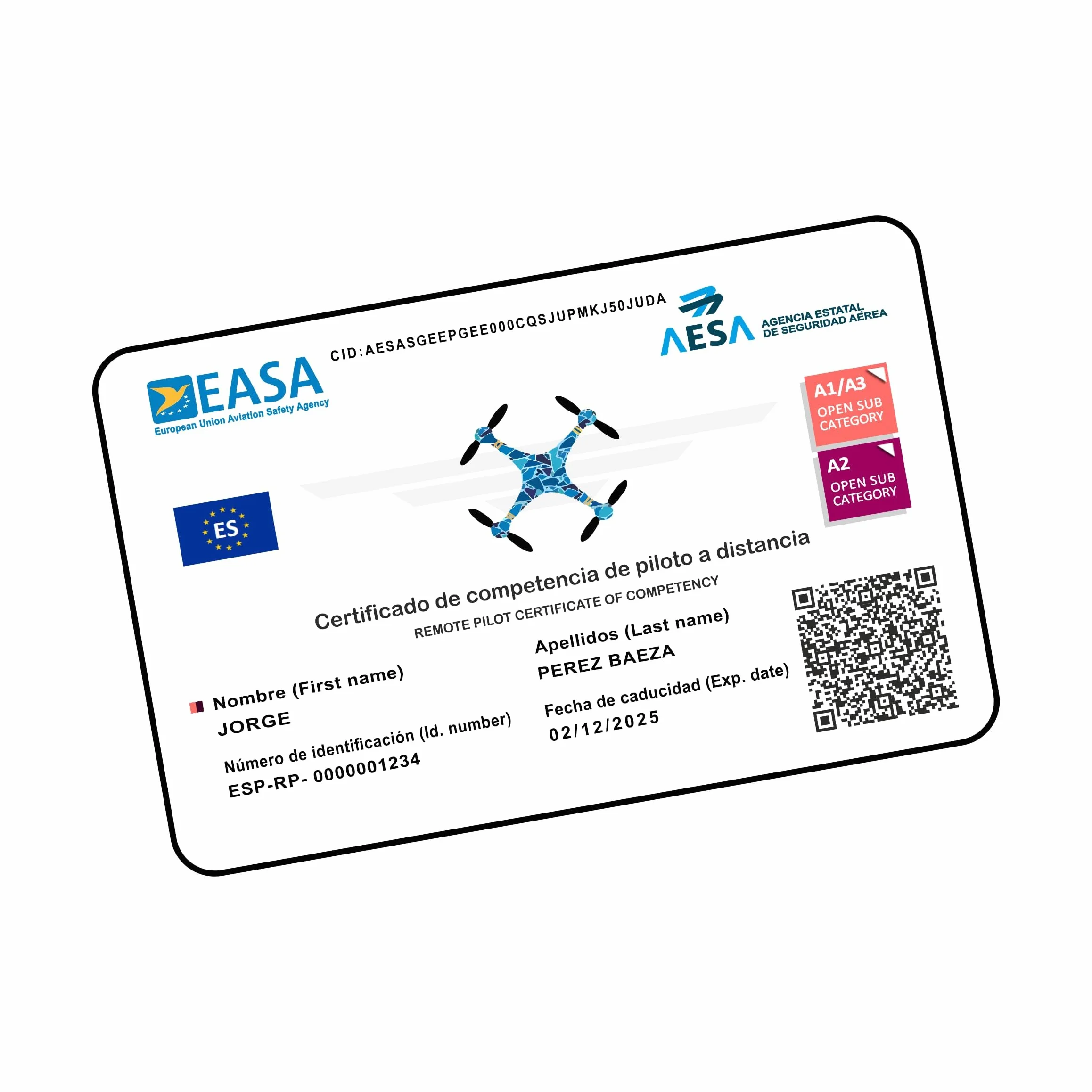 Tarjeta de PVC EASA Impresión Doble Cara Certificado de Piloto de Drones A1/A3 A2 STS