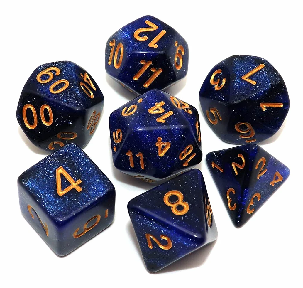 DND Dados Poliédricos D&D Juego de Rol Con Bolsa de 7 Piezas, Diseño Nebulosa Azul Oscuro y Negro