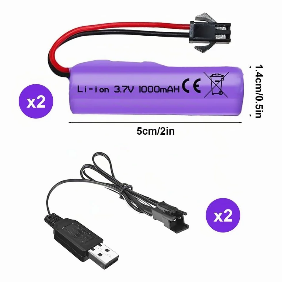 2 Piezas de 1000mAh 3.7V RC Batería, Baterías de Litio Recargables con Cable de Carga UBS Conector SM-2P, Batería Li-Ion Universal Compatible para Vehículos RC, Barcos, Tanques, Coches, Robots